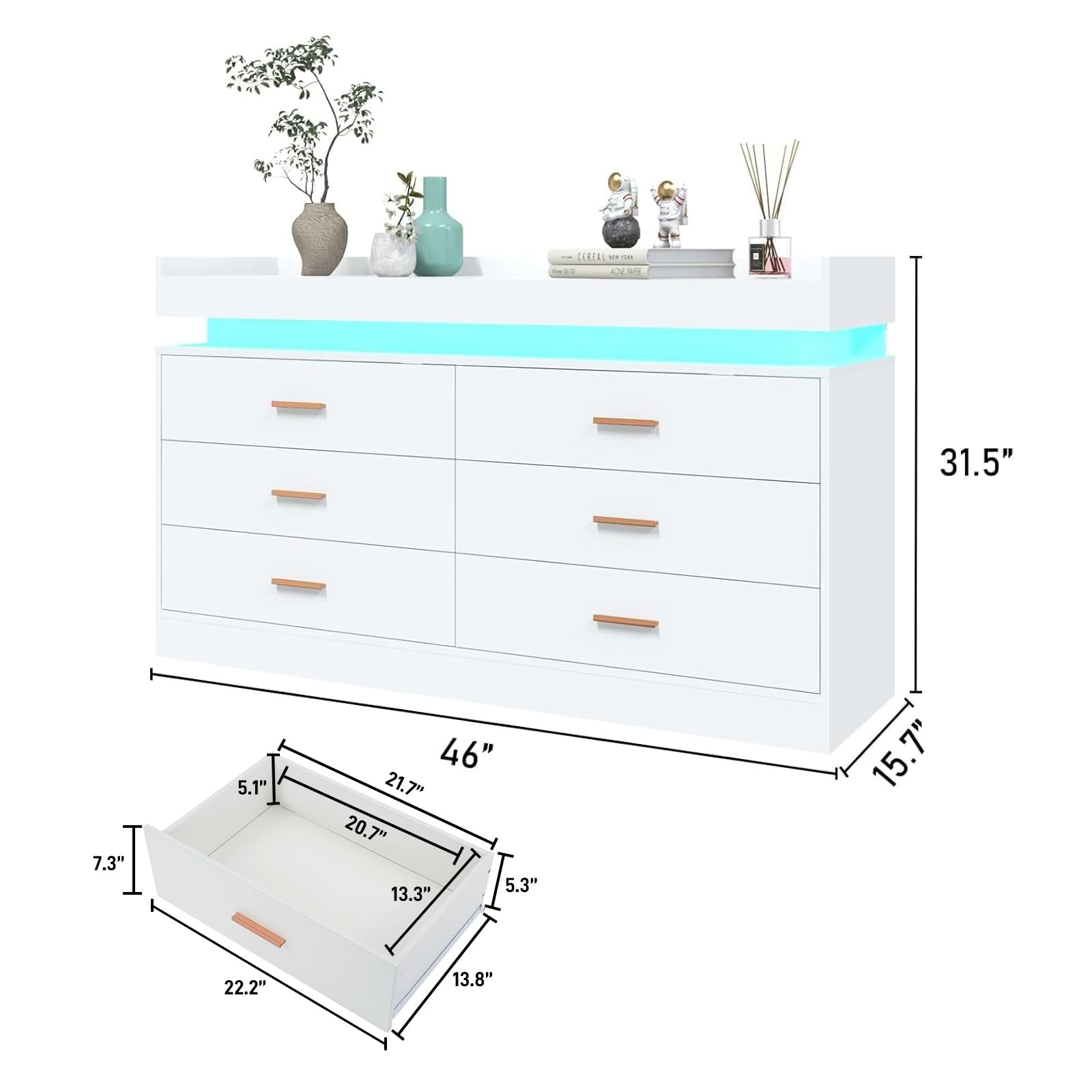 6-Drawer LED Dresser with USB Charging Station - Modern White Chest of Drawers for Bedroom, Closet & Entryway - Spacious Storage Cabinet with Wide Drawers for Clothes, Accessories & Home Organization - Perfect for Apartments, Dorms & Small Spaces