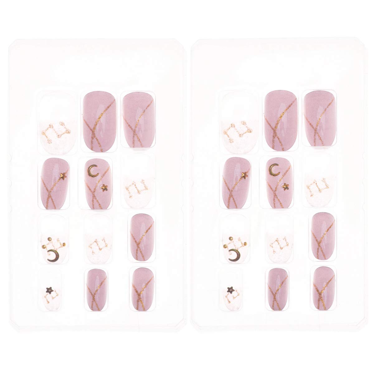 FRCOLOR 24Pcs Pink Glossy Full Cover Press On Nails - Glitter Fake Nails with Moon & Star Design for Wedding, Party, Prom & Special Occasions | Easy to Apply & Reusable Artificial Nails for Women & Girls