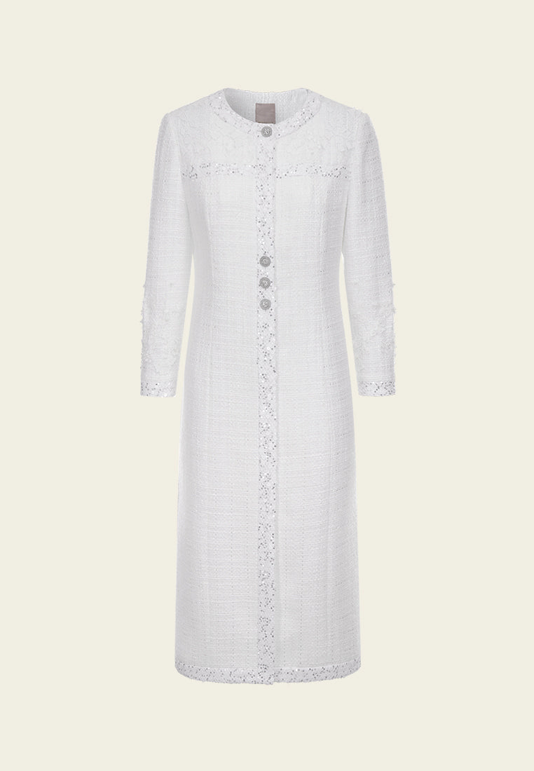 Elegant Sequin & Lace Detail Tweed Maxi Coat for Women | Formal Evening Wear & Winter Party Outfits