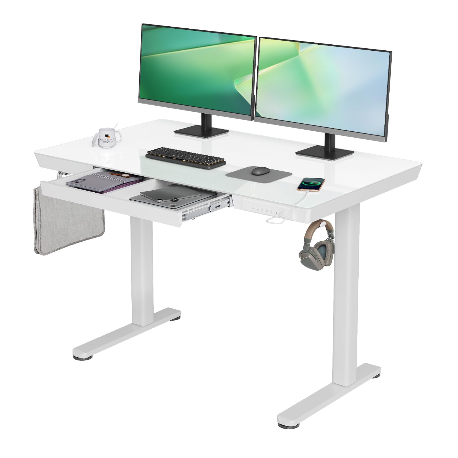 YDN 48 x 24 Inch Electric Height Adjustable Standing Desk with USB Ports & Drawers - White Modern Glass Computer Desk for Home Office | Perfect for Remote Work, Gaming & Study Spaces