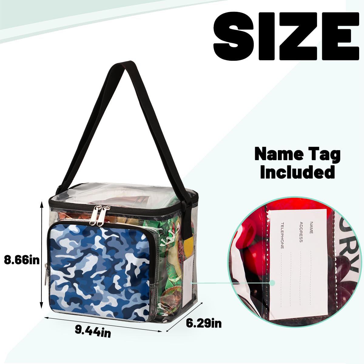GzLeyigou Blue White Camouflage Clear Tote Bag with Handles - Waterproof Transparent Crossbody Shoulder Bag for Lunch, Travel & Outdoor Activities | Perfect for Picnics, Concerts, Sports Events & Stadium Approved | Fashionable Camo Texture Design