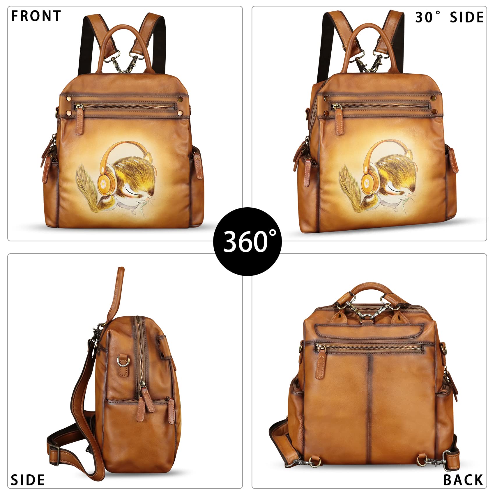 Handmade Genuine Leather Backpack for Women - Hand Painted Designer Knapsack Purse, Convertible Rucksack for College, Travel & Daily Use (Pattern 1) - Perfect for Work, School & Casual Outings