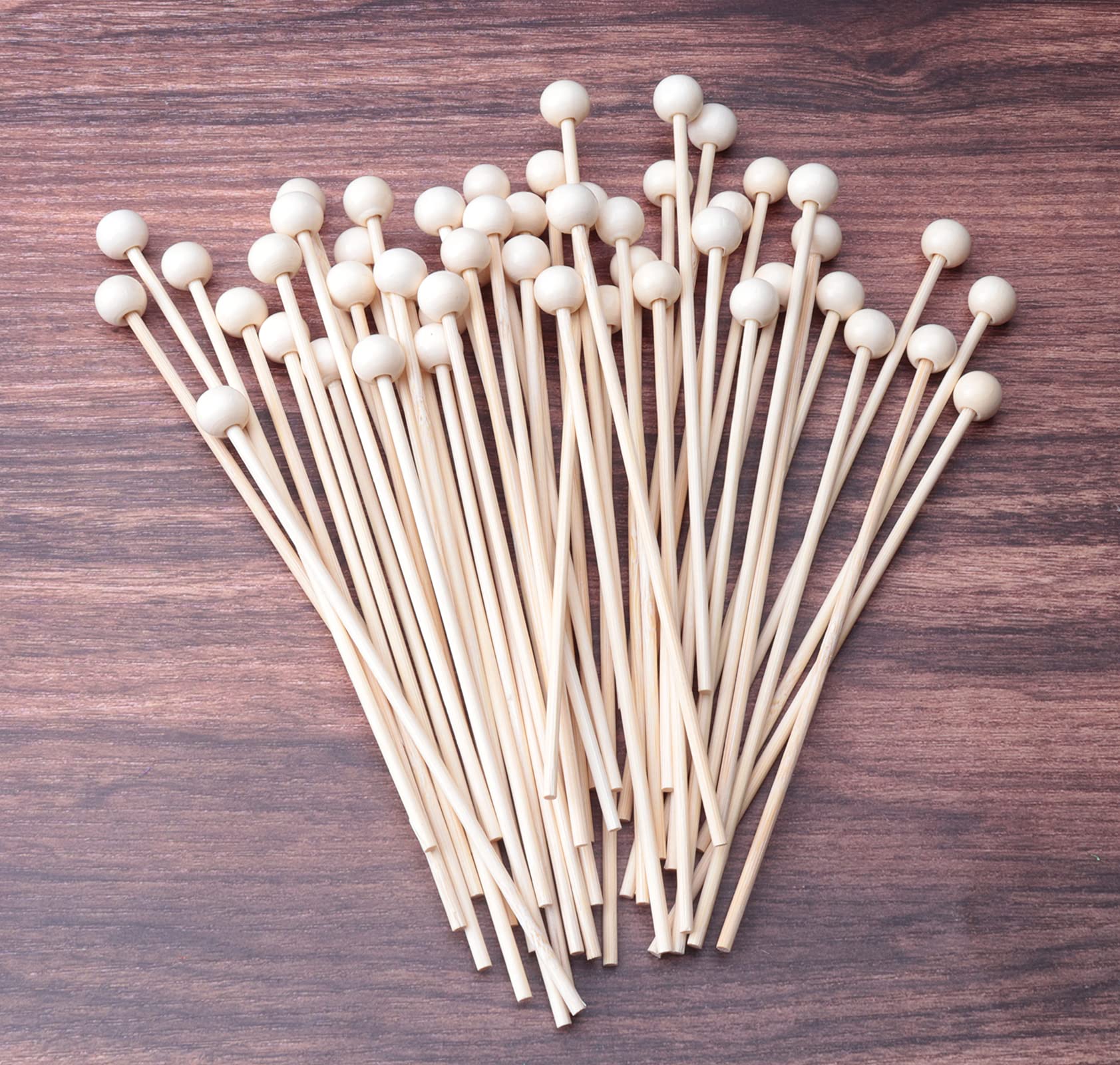 50 Pcs 6 Inch Natural Wooden Rock Candy Sticks with Ball - Cake Decorating, Lollipop, Drink Stirrers, Coffee Sticks, Appetizer Skewers for Parties, Weddings & DIY Crafts