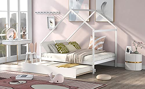 **Solid Wood House Bed Frame - Full Size Daybed with Twin Trundle, Platform Bed with Roof for Kids, Teens & Toddlers - White - Perfect for Bedrooms, Playrooms & Sleepovers**