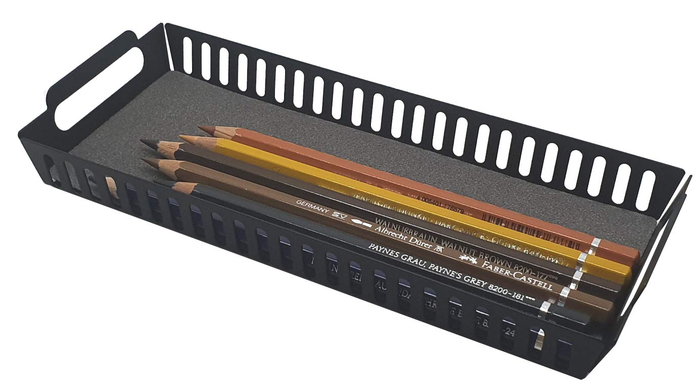 Black Metal Pen and Pencil Tray Holder - Desk Drawer Organizer for Office, Vanity & Craft Room - Perfect for Storing Writing Utensils, Makeup Brushes and Small Accessories