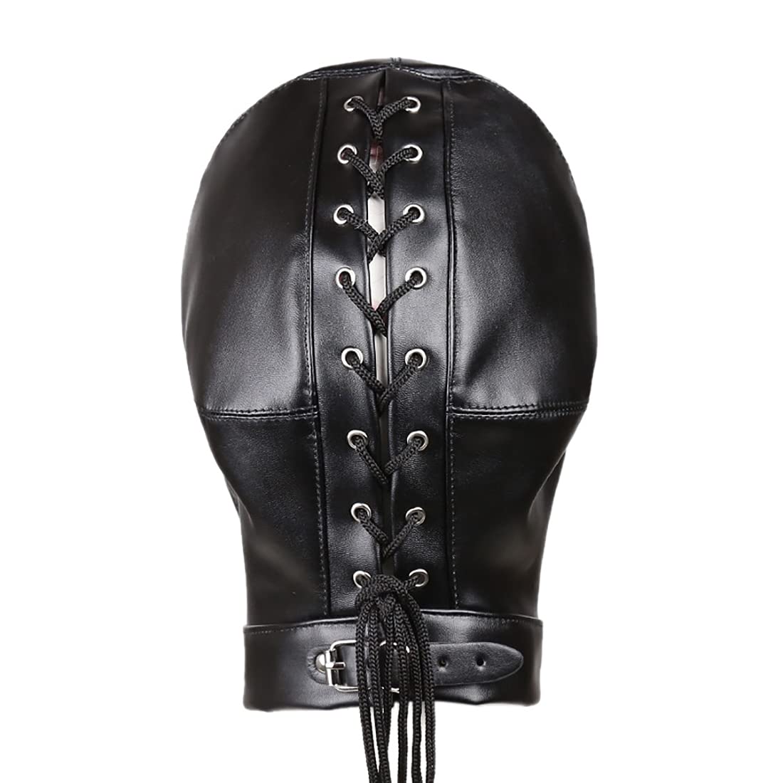 Unisex Leather Masquerade Mask with Lace-Up Hood - Breathable Eye & Mouth Cover for Costume Parties, Halloween, Cosplay & Renaissance Fairs