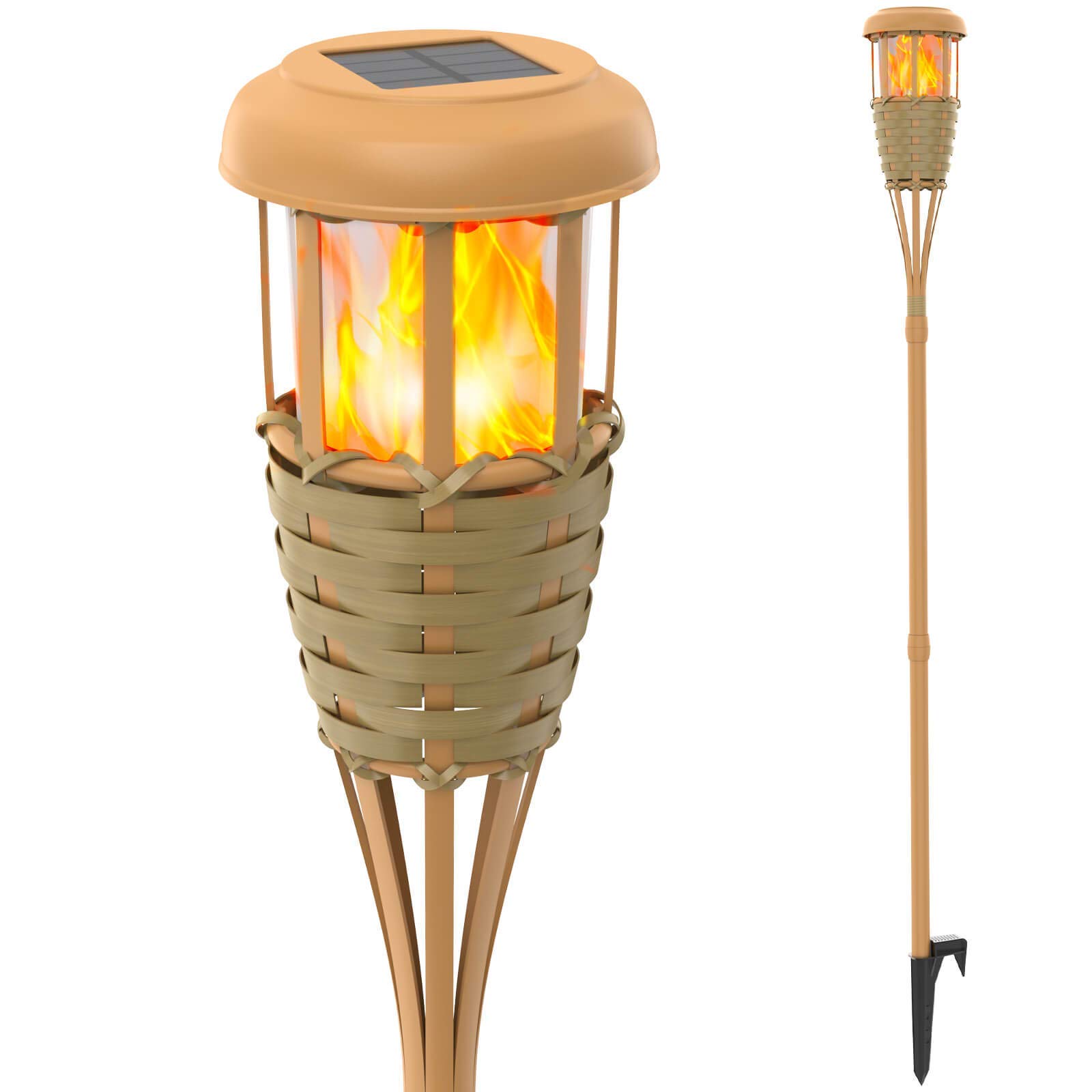 Upgraded Solar Torches Outdoor Lights - Waterproof Flickering Flame Solar Powered Decorative Lighting with Auto On/Off, Handmade Bamboo Finish (2-Pack) - Perfect for Garden, Patio, Pathway, and Backyard Decor