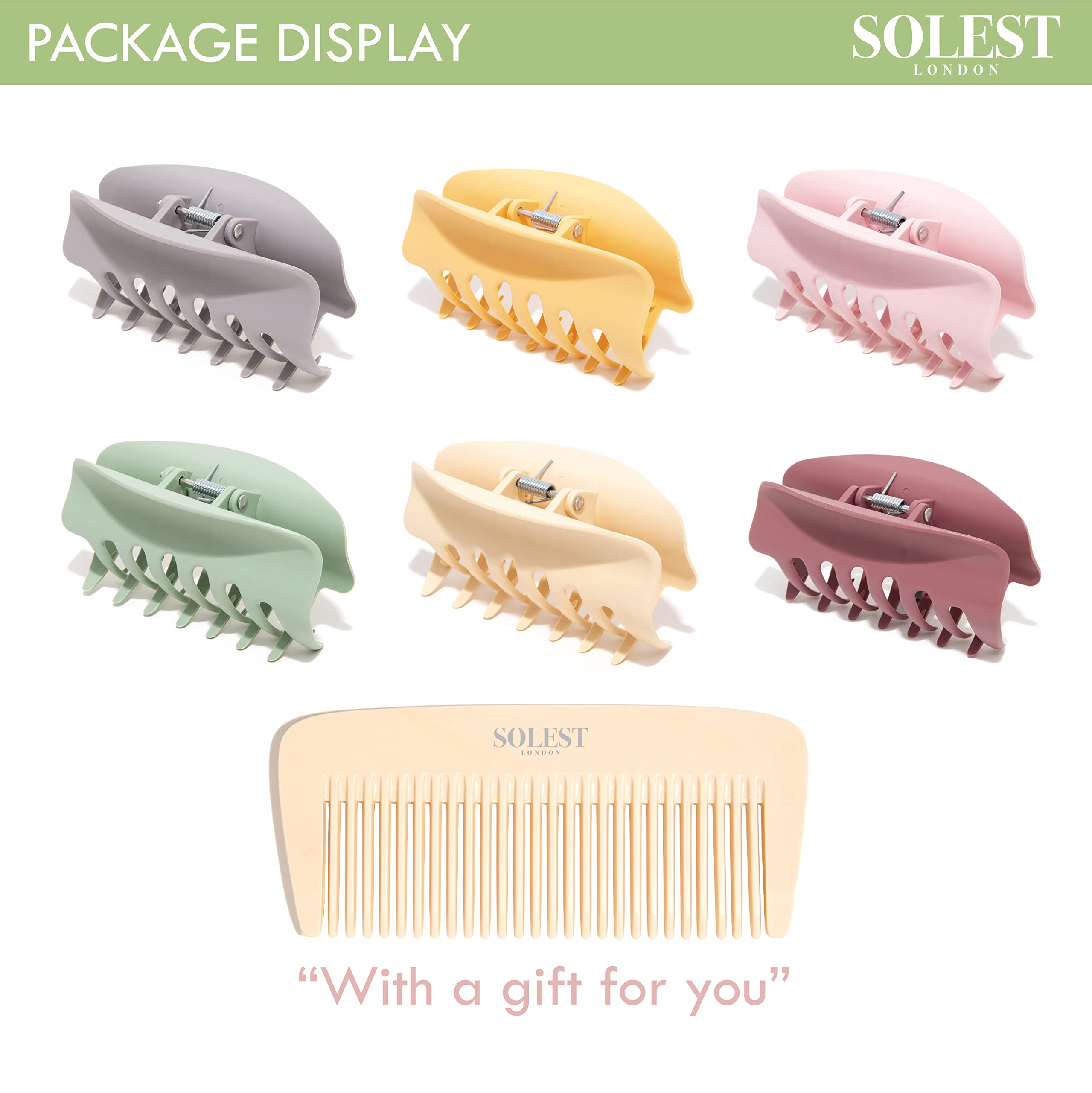 6-Pack Matte Hair Claw Clips for Women & Girls - 4.3 Inch Strong Hold Clips for Thick Hair (Vibrant Colors) - Includes Free Hair Comb - Perfect for Ponytails, Buns & Everyday Hairstyles