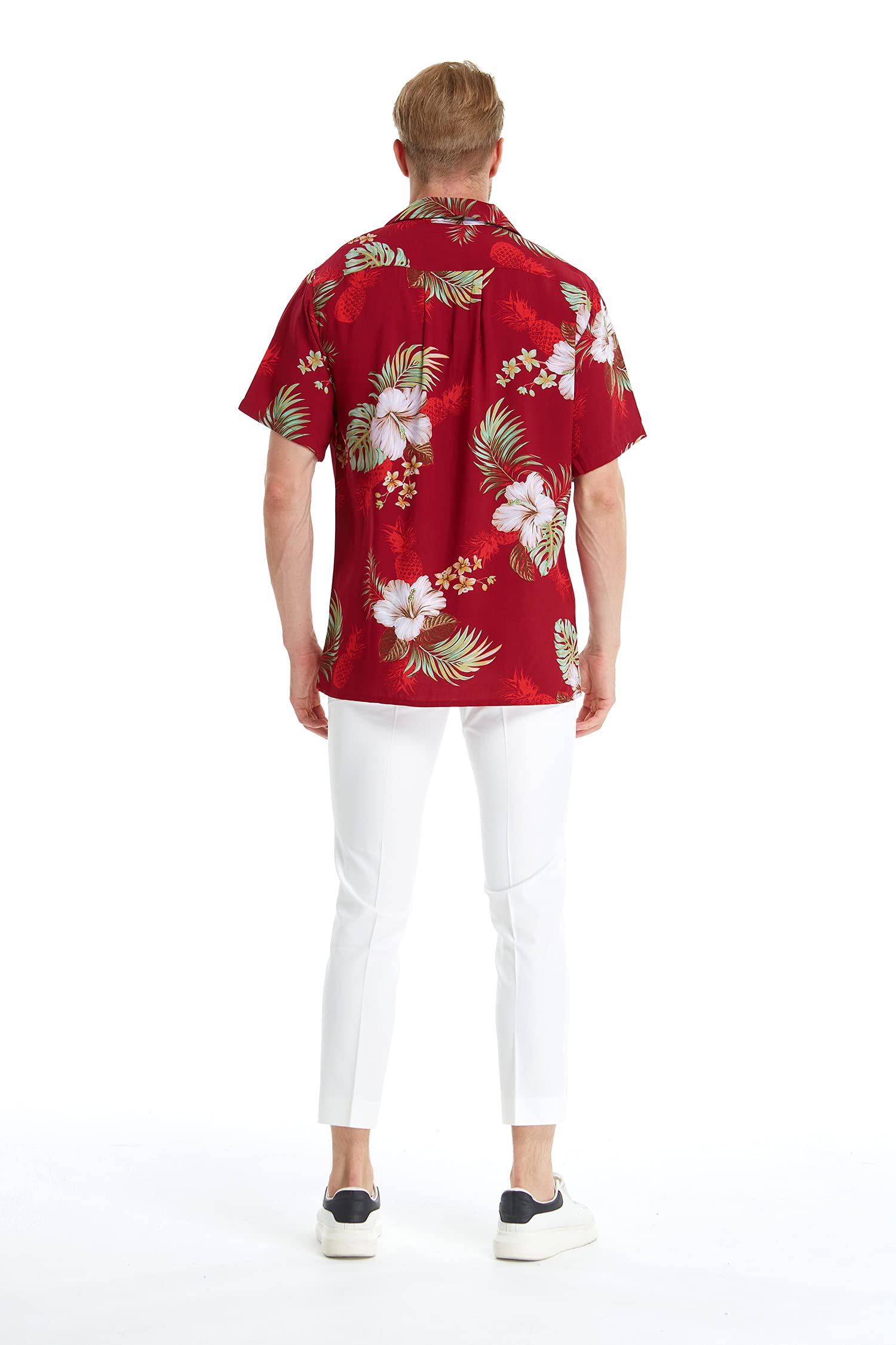 Stylish Couple Hawaiian Luau Shirts & Matching Pineapple Print Maxi Dress Set - Burgundy Tropical Outfits for Beach Vacations, Summer Parties & Romantic Getaways
