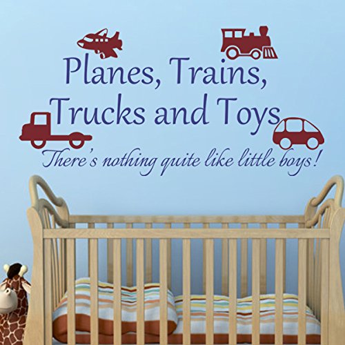 Boys Playroom Wall Decals - Planes, Trains, Trucks & Toys Wall Stickers for Nursery Decor | Dark Red Toys & Blue Words | Perfect for Kids Bedroom, Daycare & Play Area Wall Art