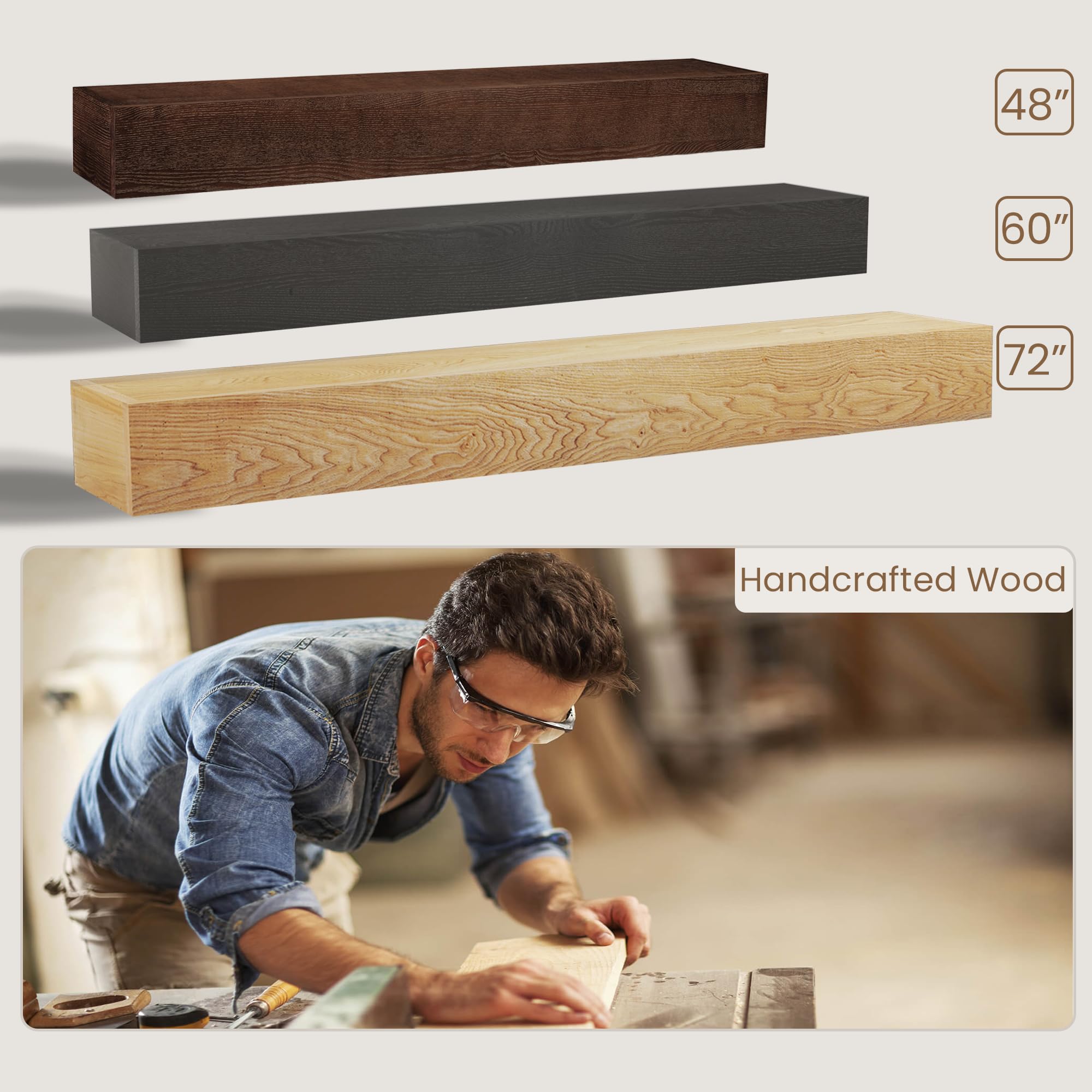 60 Inch Floating Fireplace Mantel Shelf - Rustic Wood Wall Mounted Display Shelf for Home Decor - Farmhouse & Traditional Style - 60