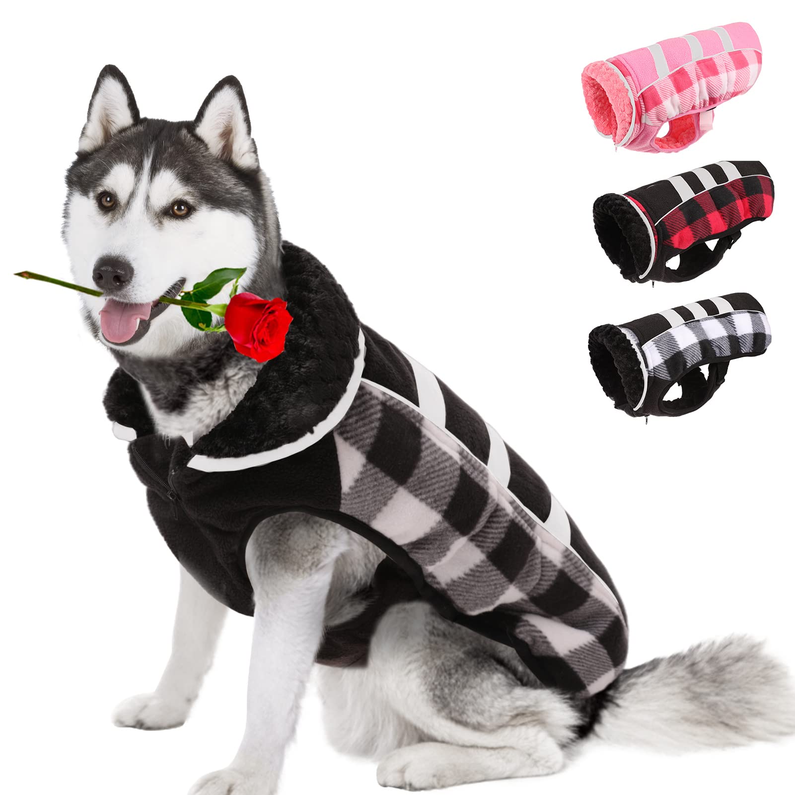AOFITEE Winter Fleece Dog Coat - Warm Cold Weather Jacket with Reflective Plaid Design & Windproof Furry Collar - British Style Dog Vest Sweater for Small, Medium & Large Dogs - Perfect for Outdoor Walks, Winter Adventures & Daily Pet Apparel