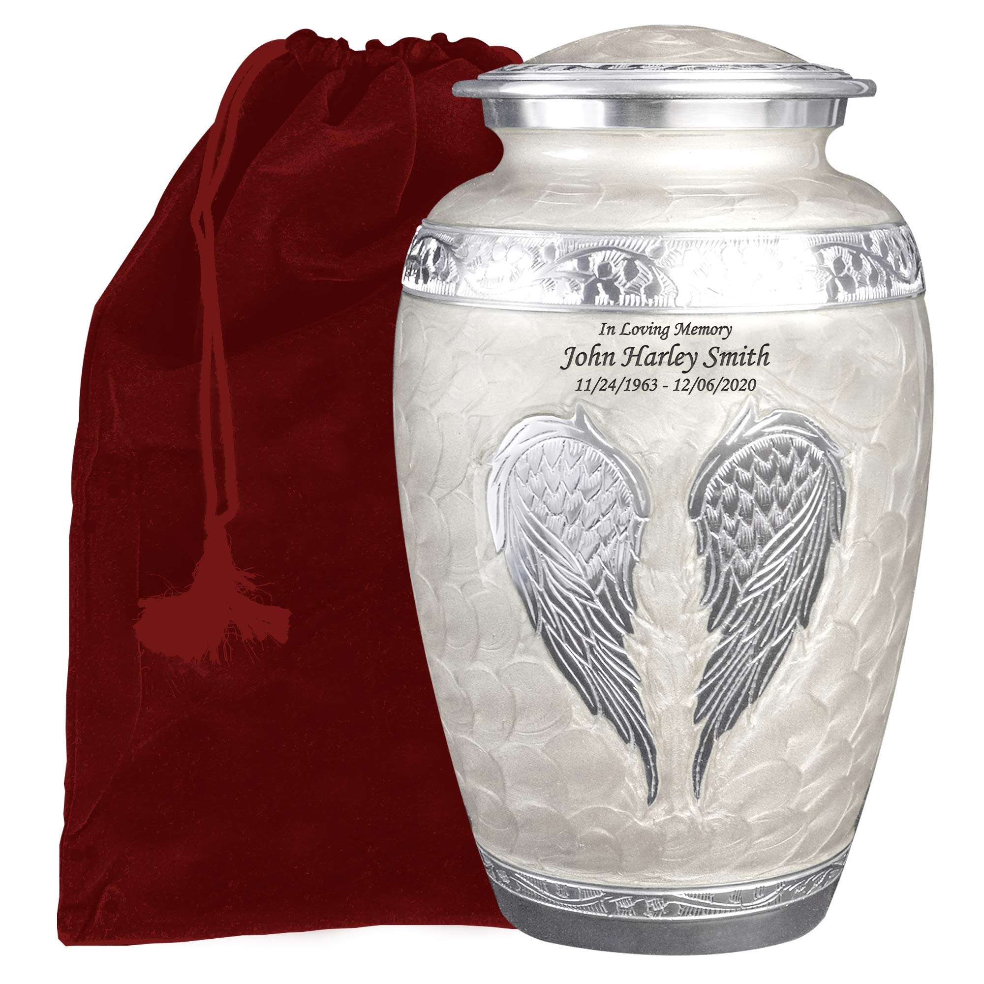 White Angel Wings Funeral Cremation Urn with Matching Keepsake Velvet Bags - Personalized Memorial Urn for Ashes (Pearl White, Large) - Perfect for Funeral Services, Memorial Displays & Home Keepsakes
