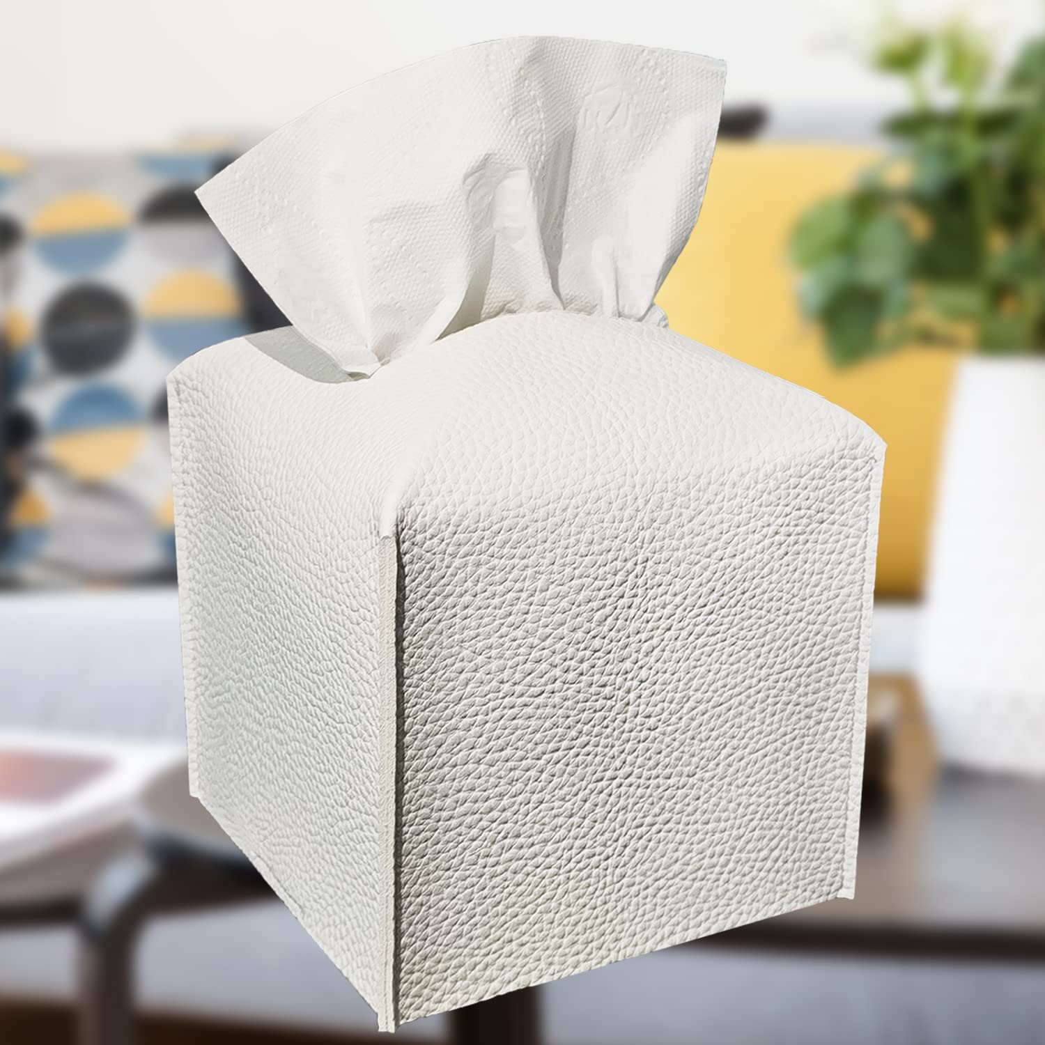 Modern PU Leather Tissue Box Cover - Square White Decorative Organizer for Bathroom, Office, Vanity & Nightstand | 5x5x5 Inch Home & Car Accessory | Perfect for Living Room, Bedroom, Desk and Tabletop Décor