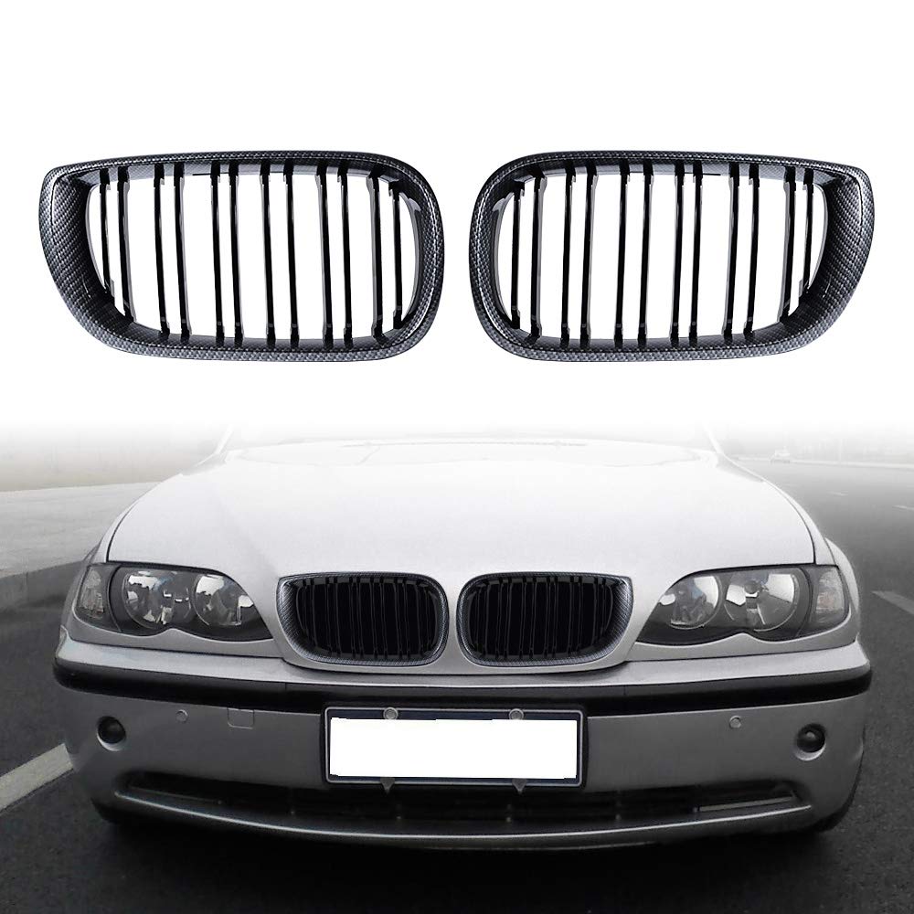Glossy Black Carbon Fiber Front Hood Dual Slats Kidney Grille for BMW E46 4-Door Sedan (2002-2004) - LH RH Compatible - Upgrade Your Car's Style for Street Racing & Show Car Events