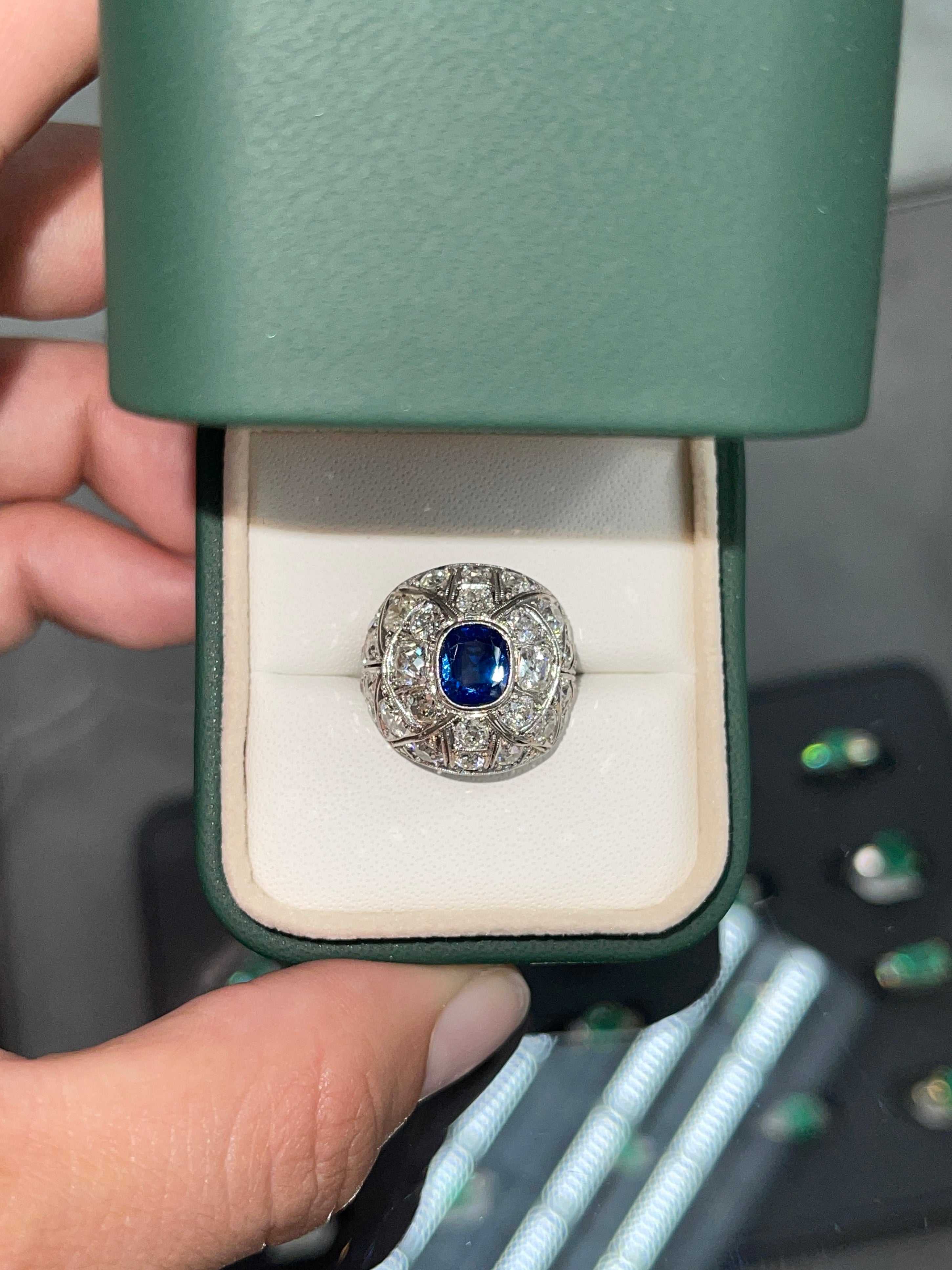 4.60tcw 18K Gold Vintage Cushion Cut Sapphire & OEC Diamond Engagement Ring - 1920s Art Deco Style for Weddings, Anniversaries & Special Occasions