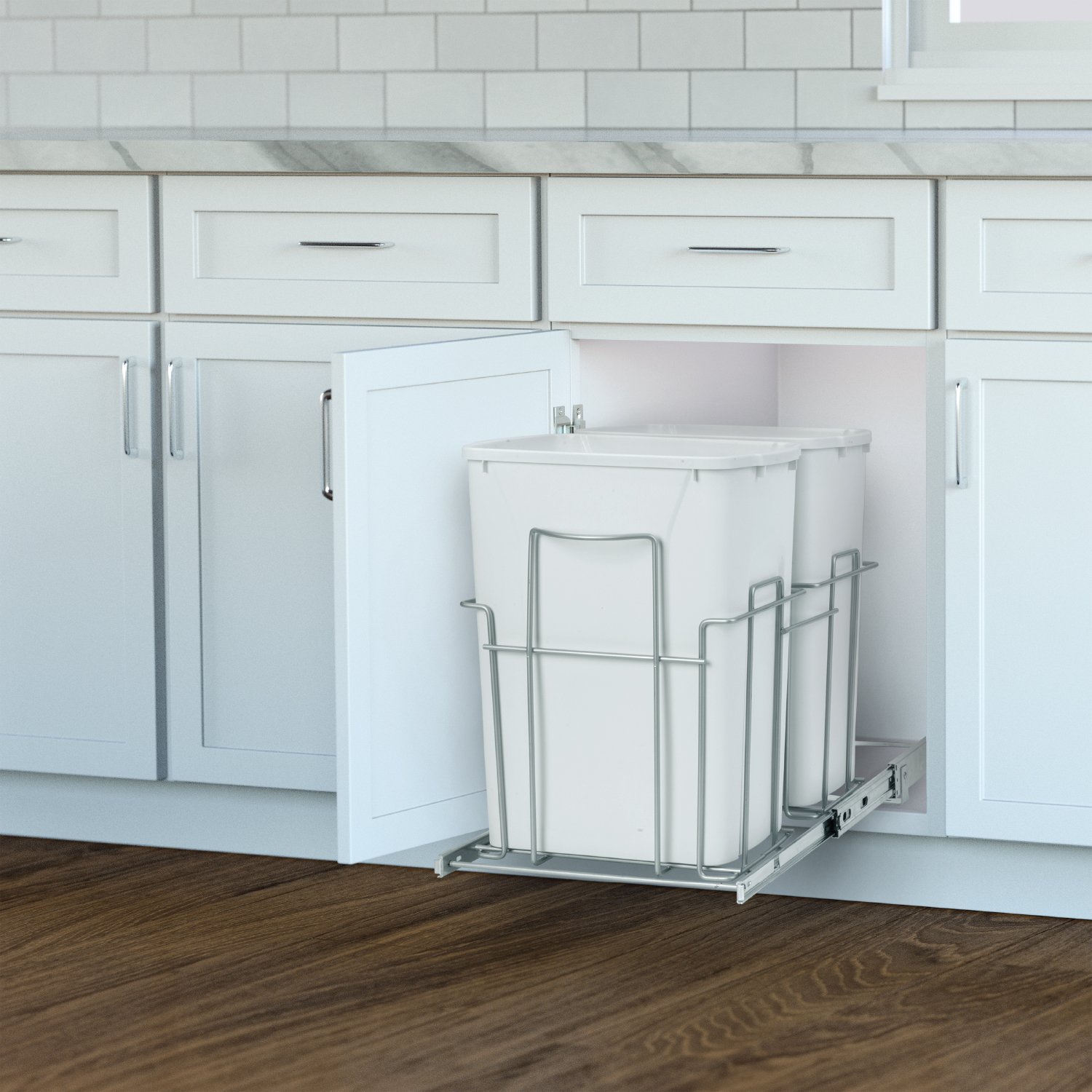 Panacea Grayline Double Trash Can Slide-Out Basket Storage Organizer - Satin Nickel Finish | Under Sink Cabinet Organizer for Kitchen & Bathroom