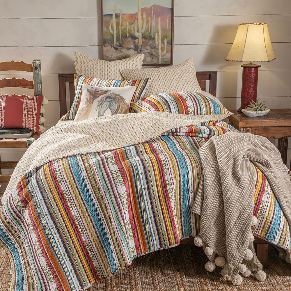 Wyeth Western Stripe Reversible Cotton Quilt - Full/Queen Size (88x92 Inches) - Red, Turquoise, Green, Orange, Yellow - Perfect for Bedroom, Guest Room & Cozy Farmhouse Decor