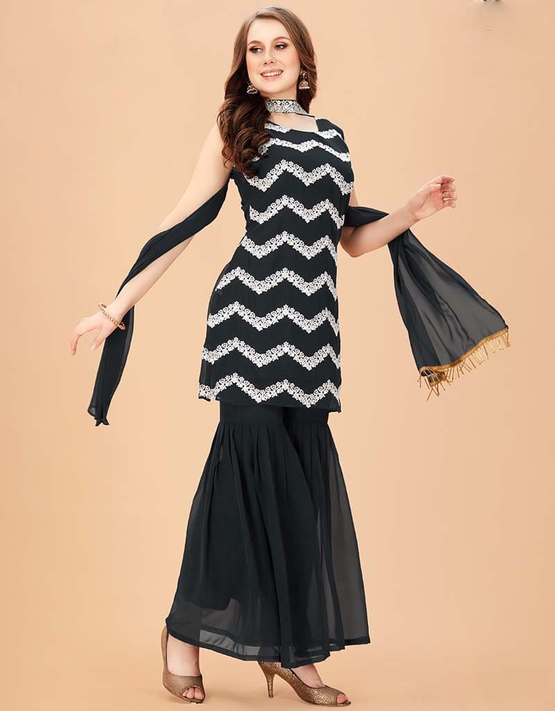 Elegant Black Sharara Style Suit - Premium Faux Georgette Fabric for Women's Party Wear & Wedding Guest Outfits