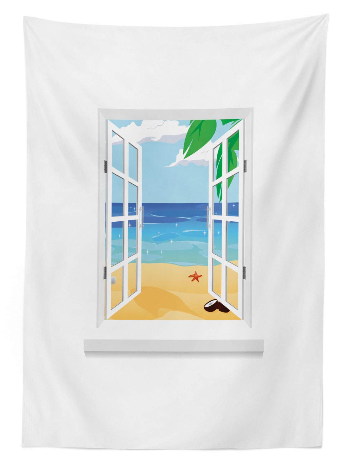 Ambesonne Beach Themed Outdoor Tablecloth - Ocean View with Coconut Leaves & Starfish Cartoon Design | Washable Picnic Table Cover 58x120 Inches | Blue Sand Brown White | Perfect for Beach Parties, Picnics & Outdoor Dining