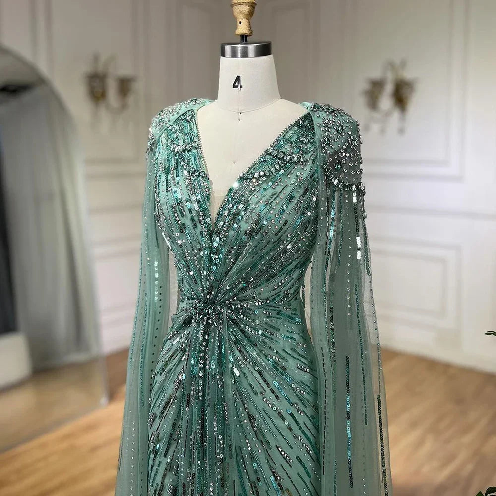 Elegant Turquoise Mermaid Beaded Evening Gown with Detachable Cape - LA72168A | Perfect for Prom, Gala, Wedding & Formal Events