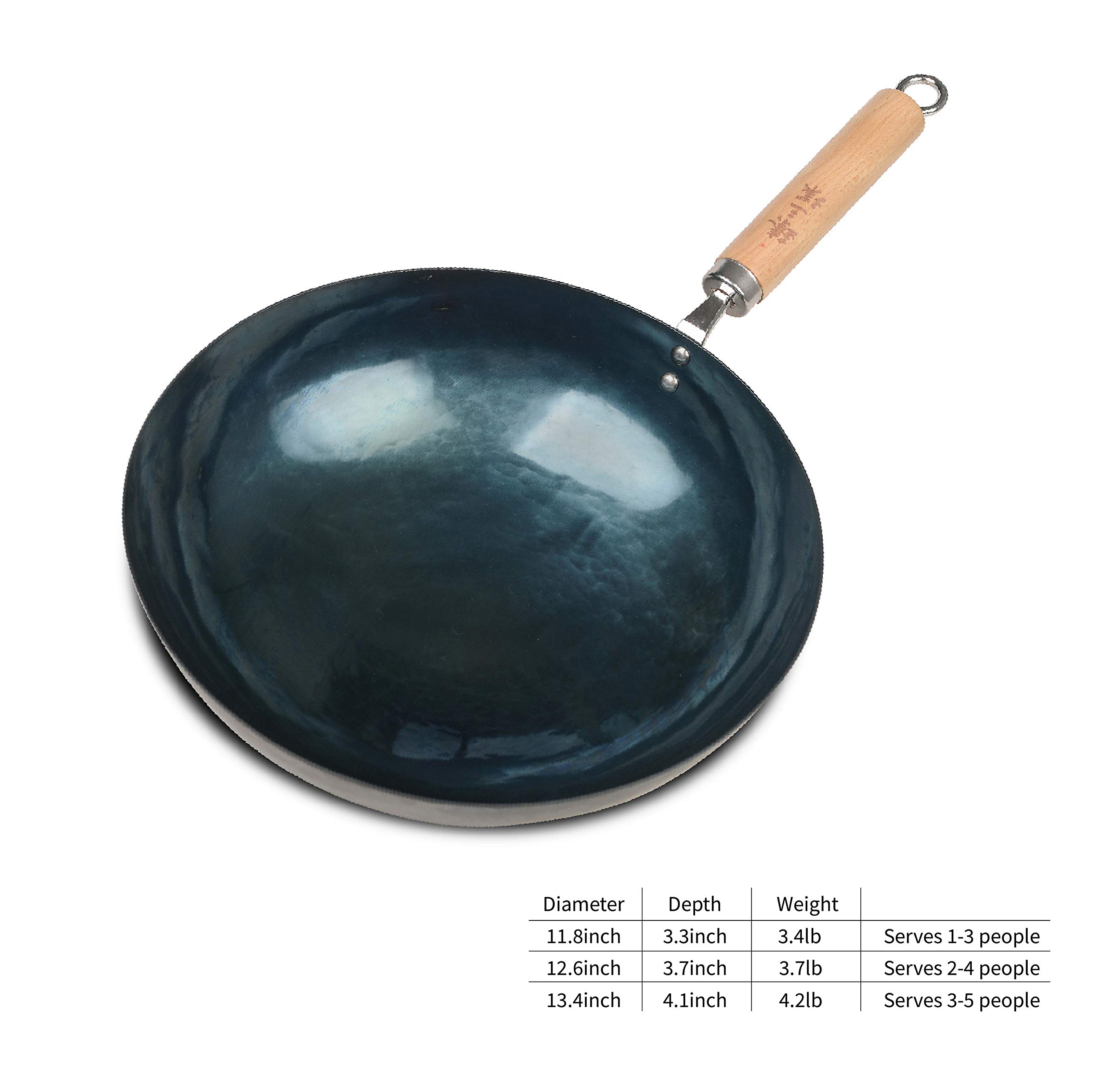 Premium Chinese Hand-Hammered Iron Wok Pan - 34cm Silver Stir Fry Pan with Wooden Handle - Authentic Carbon Steel Wok for High Heat Cooking - Perfect for Stir-Frying, Deep Frying & Asian Cuisine - Ideal for Home Chefs & Restaurant Use