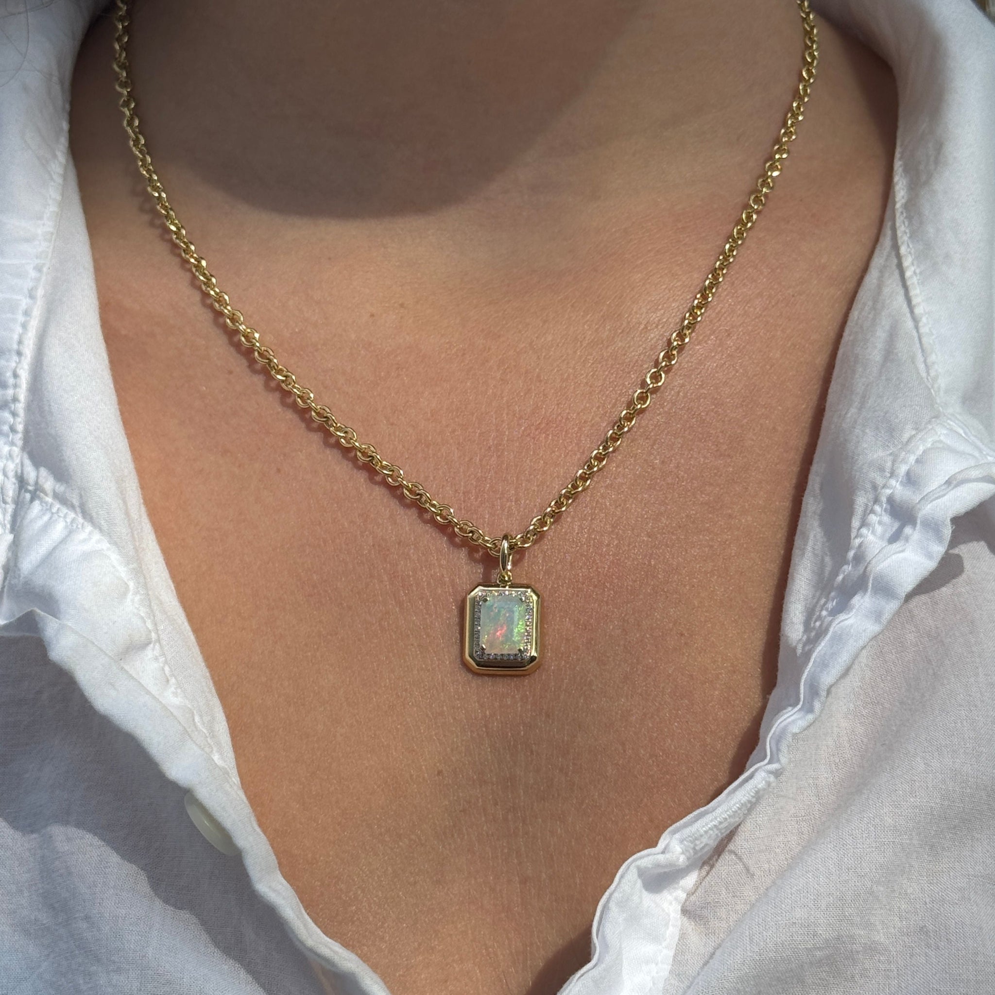Goshwara Emerald Cut Opal & Diamond 18K Gold Pendant Necklace for Women - Elegant Jewelry Gift for Birthday, Anniversary & Special Occasions