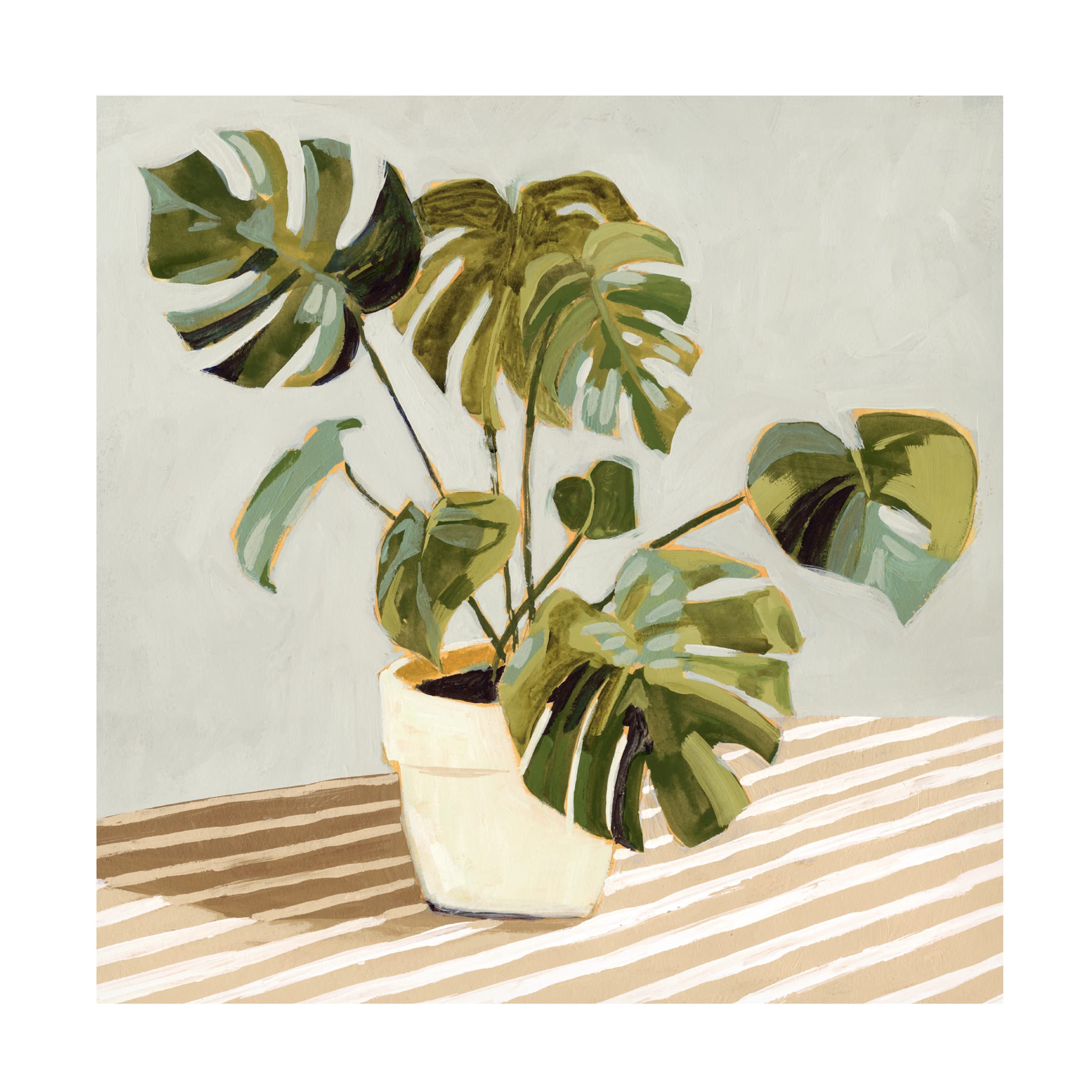 Victoria Barnes 'Plant on Stripes II' Canvas Wall Art - Modern Botanical Print for Living Room, Bedroom & Office Decor | Framed Ready-to-Hang Home Decoration