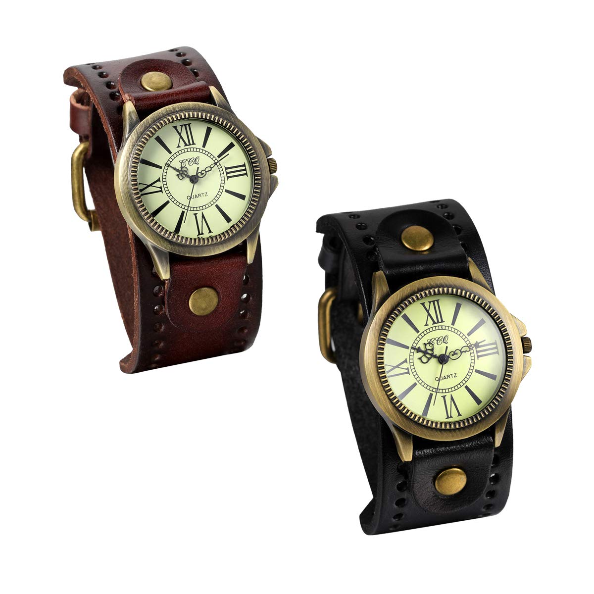 Vintage Leather Strap Quartz Wrist Watch for Men & Women - Wide Cuff Band with Adjustable Buckle - Perfect for Casual, Office & Formal Occasions