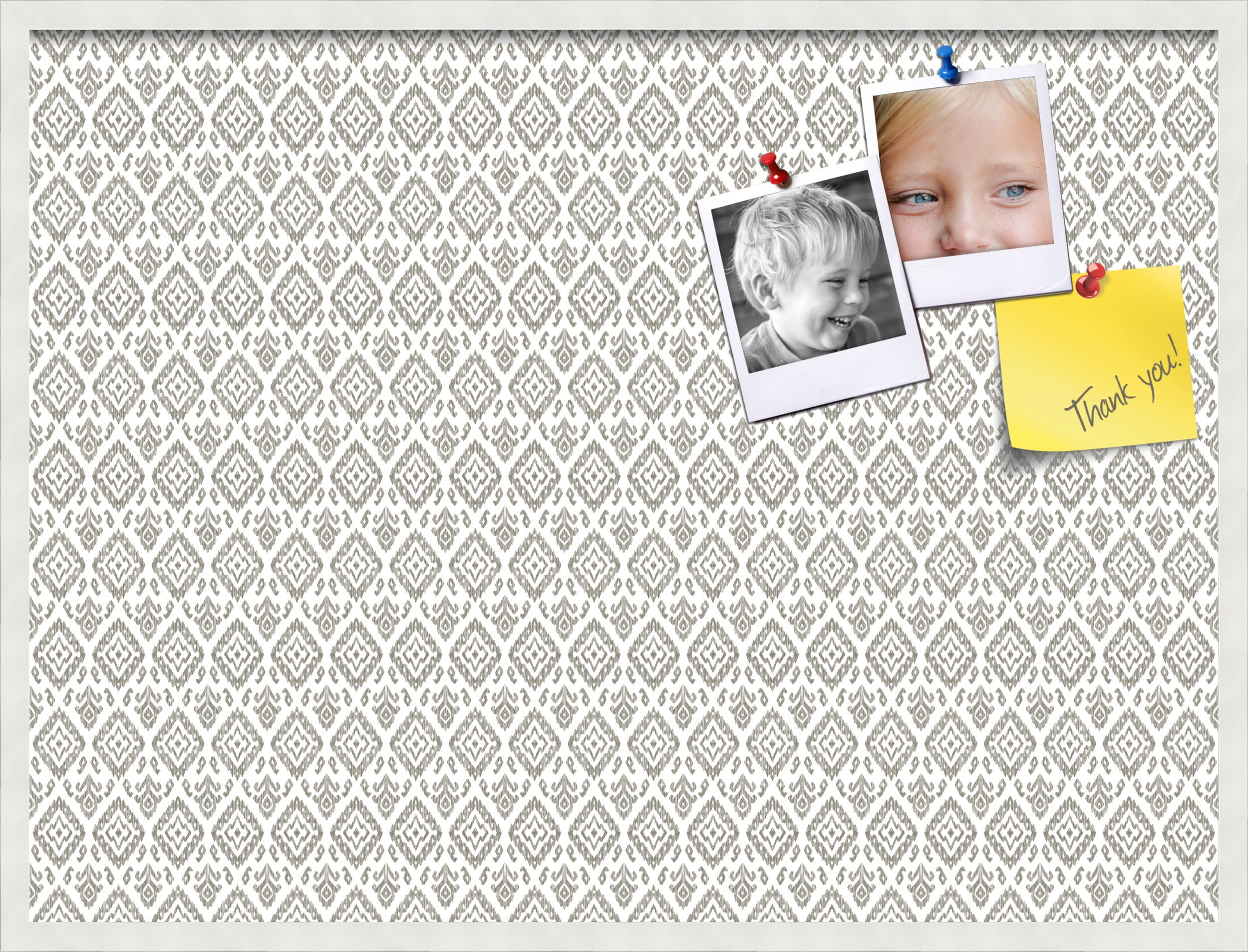 PinPix 40x30 Inch Cork Bulletin Board - Vintage Pewter Ikat Design with Satin White Frame | Wall Mount Memo Board for Home Office Decor, School Classroom, Dorm Room & Kitchen Organization (PinPix-1599)