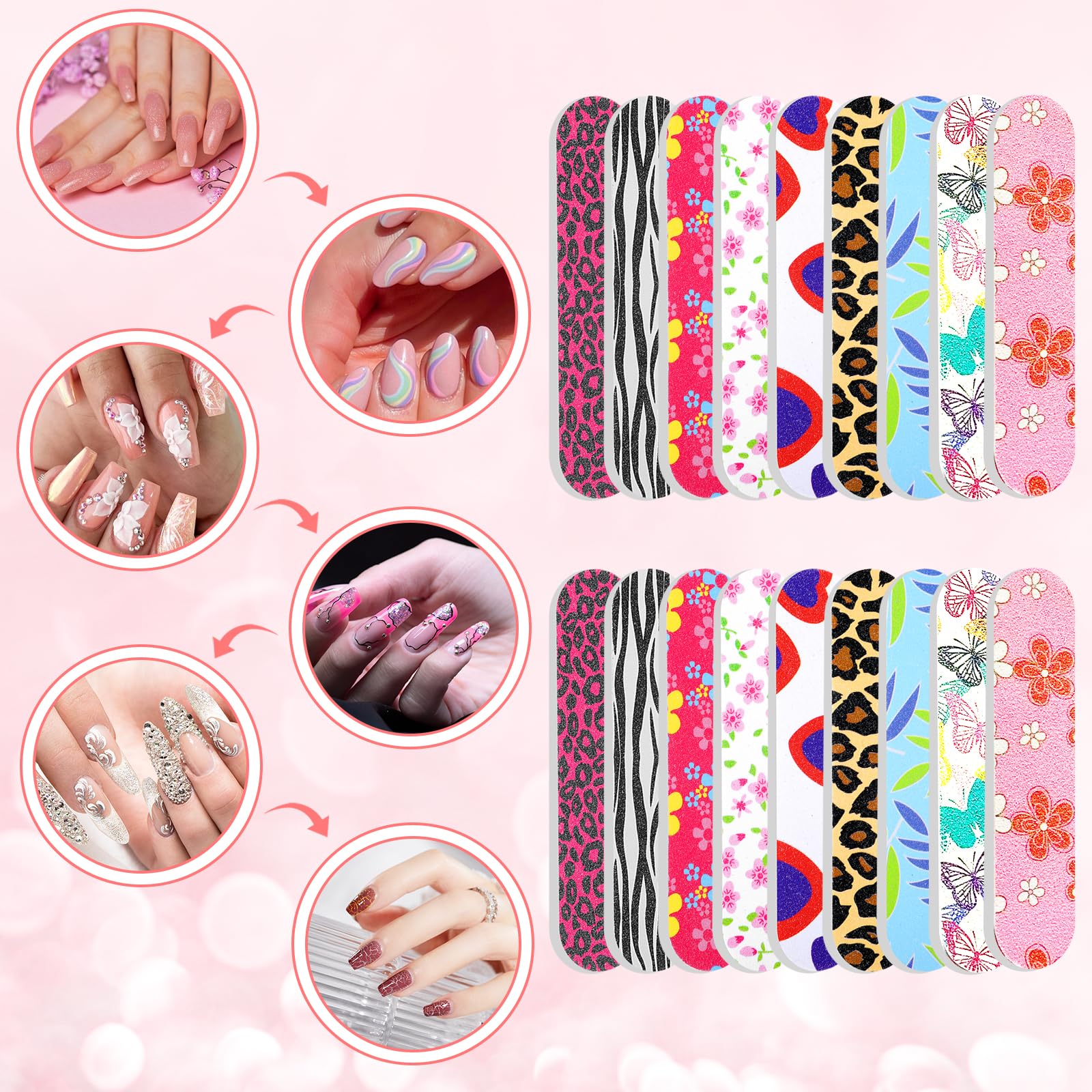 Grevosea 20Pcs Professional Double Sided Nail Files - Emery Boards for Acrylic & Natural Nails, Floral Nail Art Tools for Home & Salon Use - Perfect for Manicures, Pedicures & Nail Care Routines