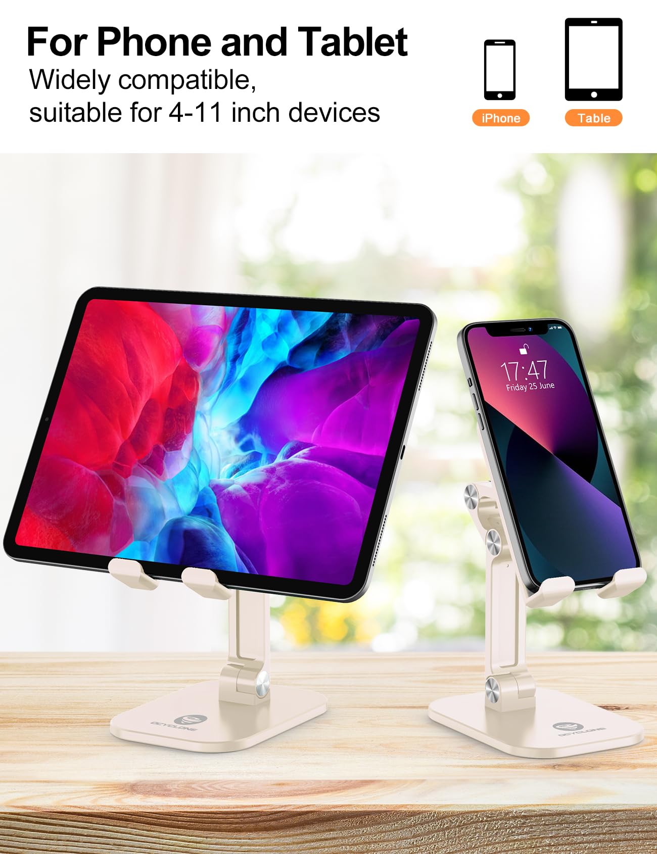 Adjustable Phone Stand for Desk - OCYCLONE Foldable Cell Phone Holder with Height & Angle Adjustment, Compatible with iPhone, iPad, Tablets 4-11 Inches (Beige) - Perfect for Home Office, Video Calls & Hands-Free Viewing