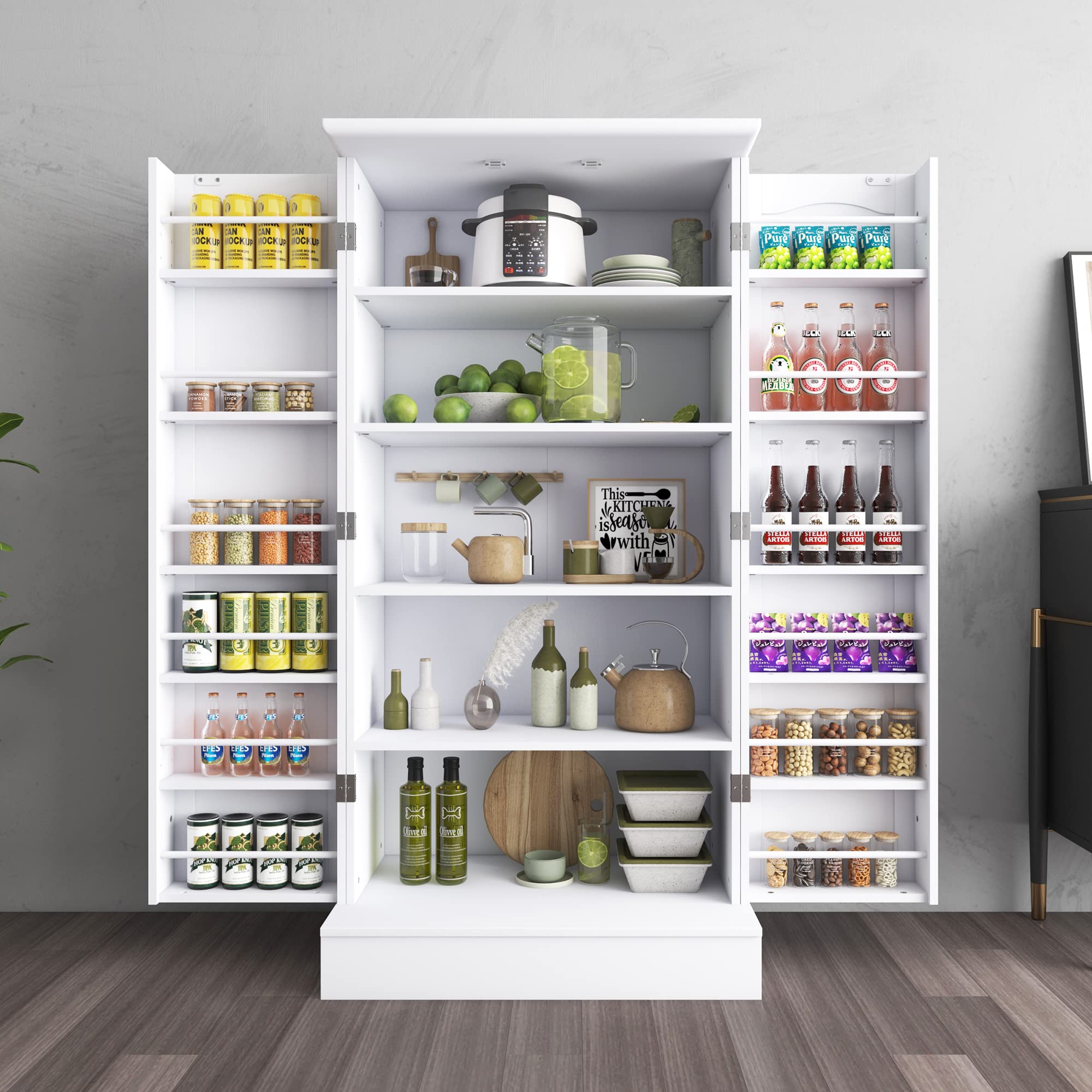 Jehiatek 47” White Freestanding Kitchen Pantry Cabinet with Adjustable Shelves & Doors - Perfect for Kitchen, Living Room, and Dining Room Storage Solutions