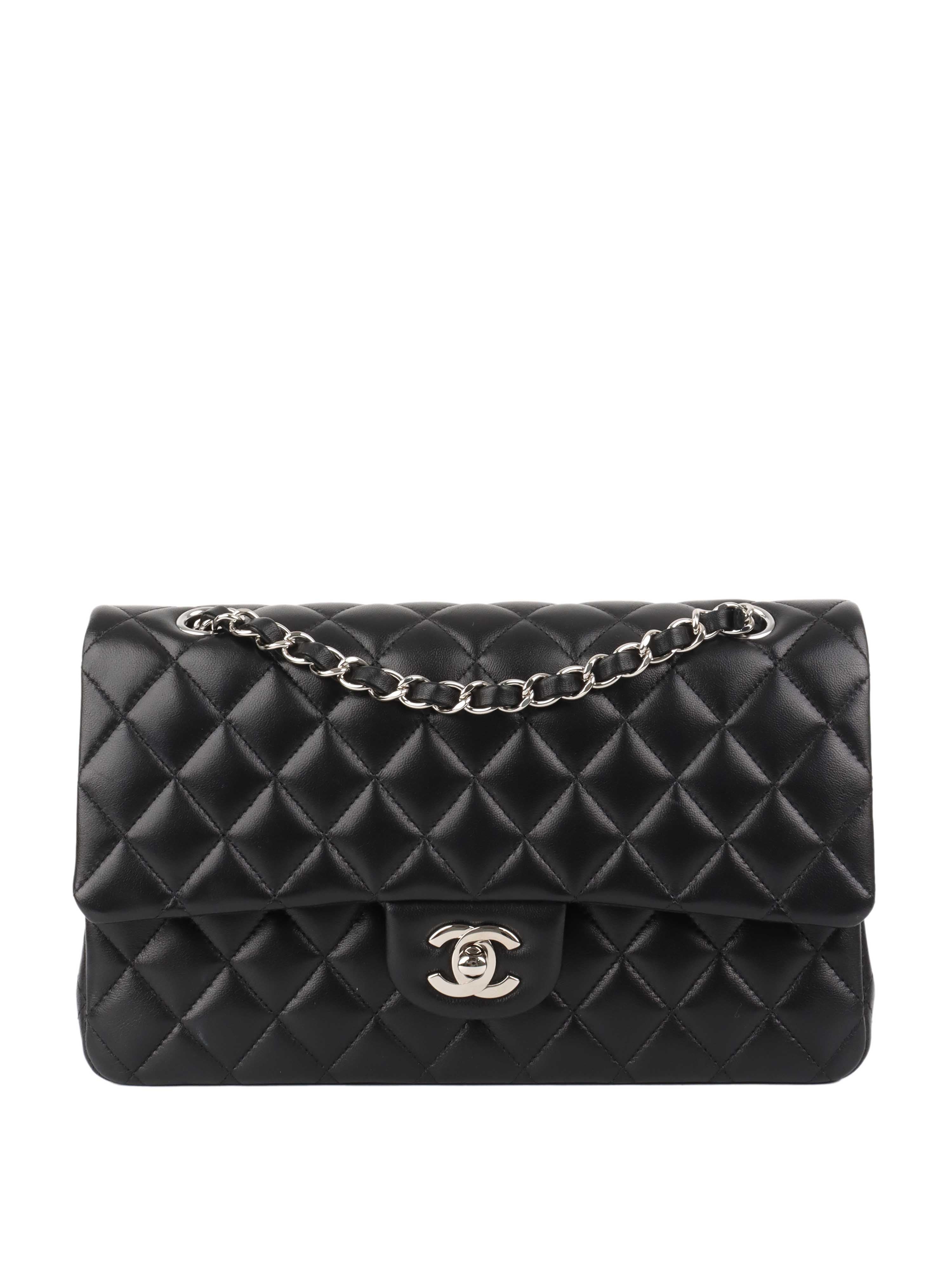 Chanel Black Medium Lambskin Classic Flap Bag with Silver Hardware - Luxury Handbag for Women, Perfect for Evening Events & Special Occasions