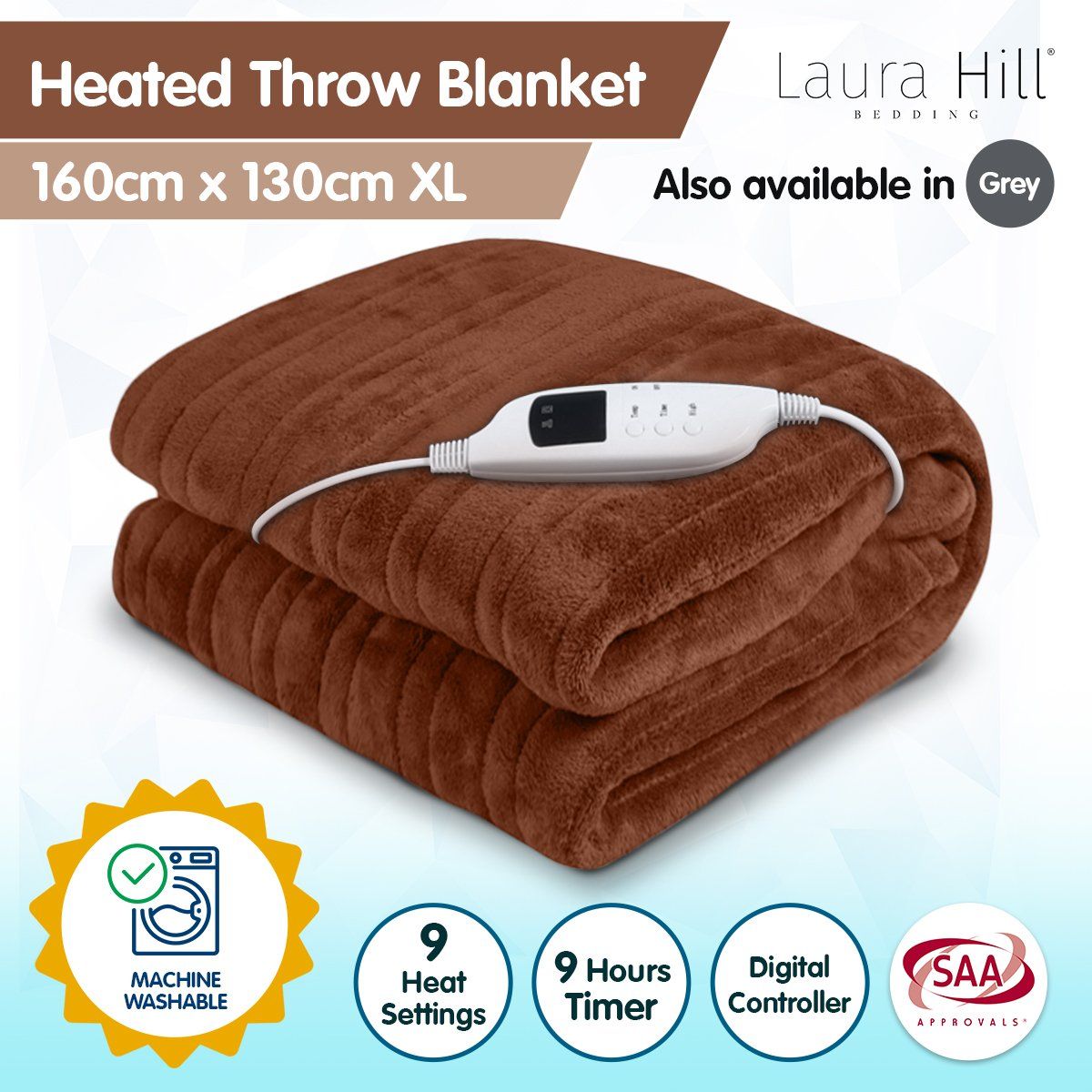Laura Hill Heated Electric Blanket - Ultra Soft Fleece Throw with Adjustable Temperature (Brown & Coral) - Perfect for Cozy Nights, Winter Warmth & Home Comfort