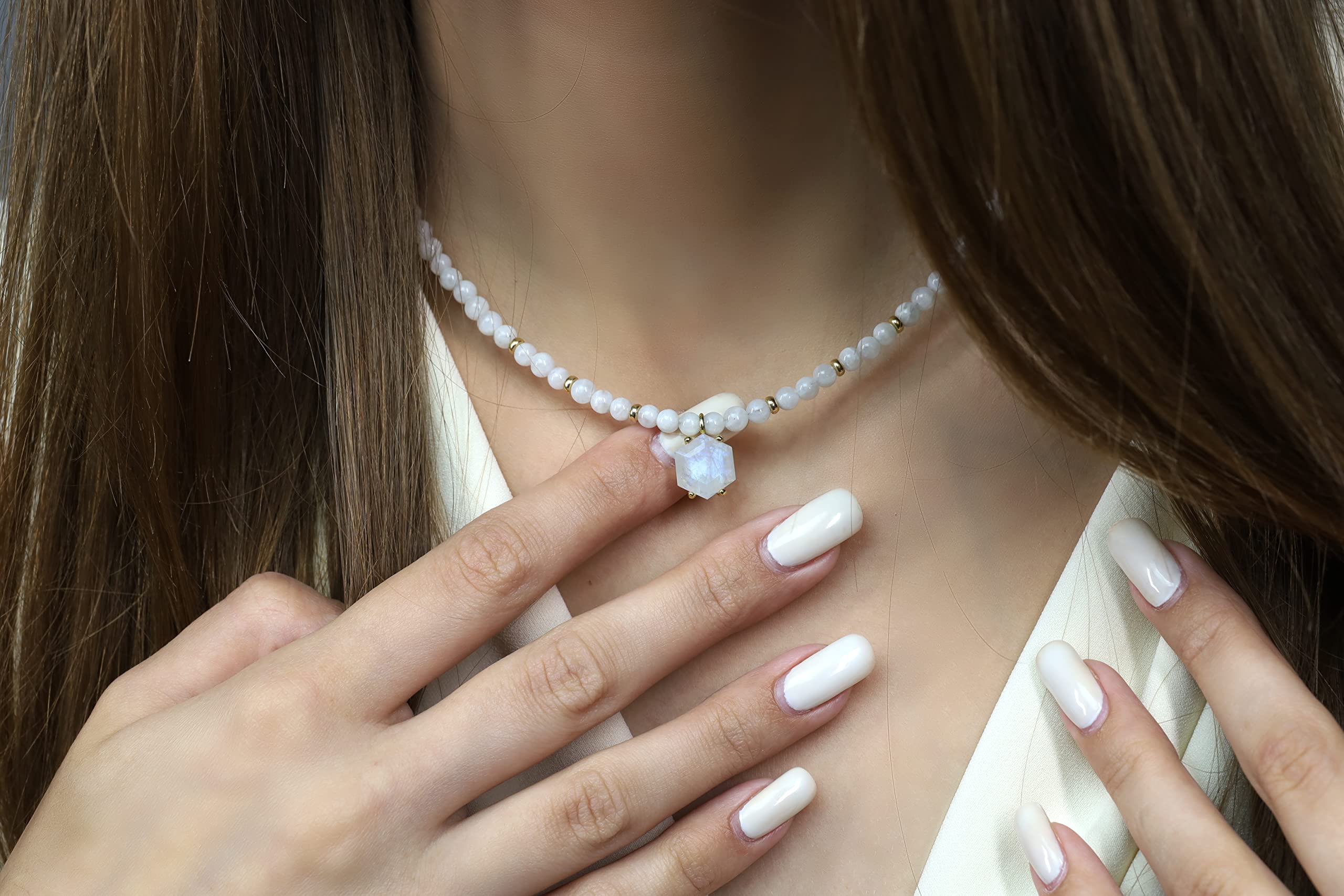 Rainbow Moonstone Hexagon Pendant Beaded Necklace - June Birthstone Jewelry for Women - Handmade Gemstone Necklace for Everyday Wear, Gift Giving & Spiritual Healing
