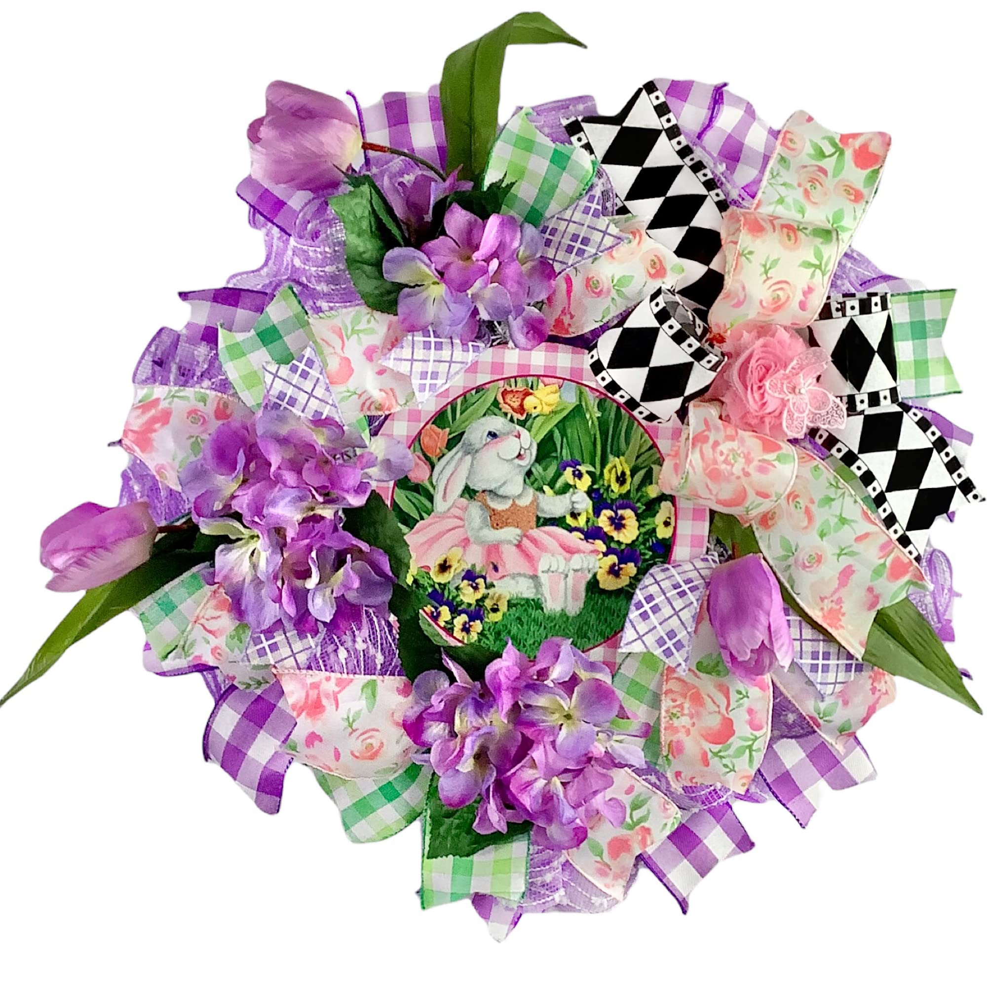 Handmade Chiffon Flower Easter Bunny & Yellow Chick Wreath with Spring Flowers, Easter Eggs & Butterfly Decorations - Perfect for Easter Door Decor, Spring Home Decor & Holiday Party Decorations