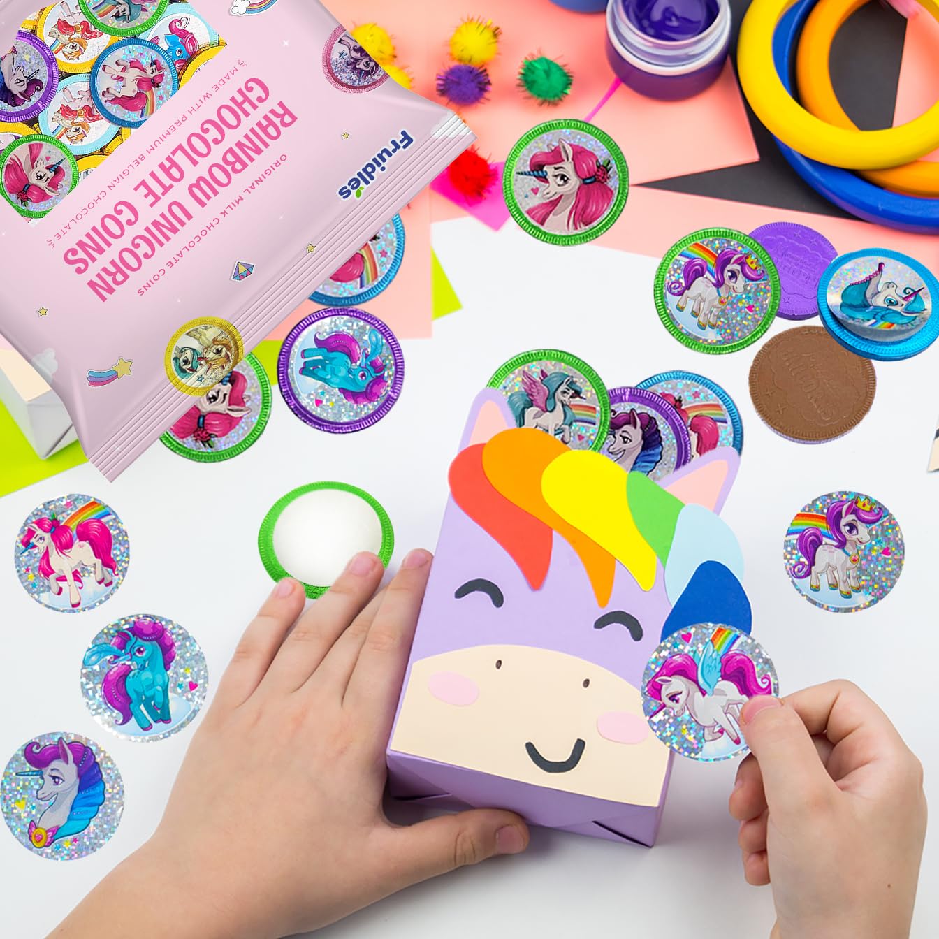 Fruidles Rainbow Unicorn Chocolate Coins with Stickers - 1 Pound Kosher Certified Milk Chocolate Coins in Foil Wrappers - Fun Birthday Party Favors, Easter Basket Stuffers & Holiday Treats for Kids