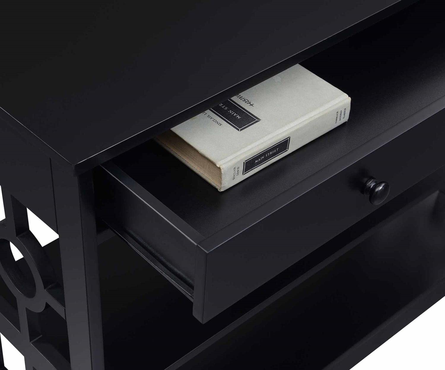 Convenience Concepts Ring 1 Drawer Console Table with Shelves - Black Entryway Sofa Table for Hallway, Living Room & Bedroom Organization