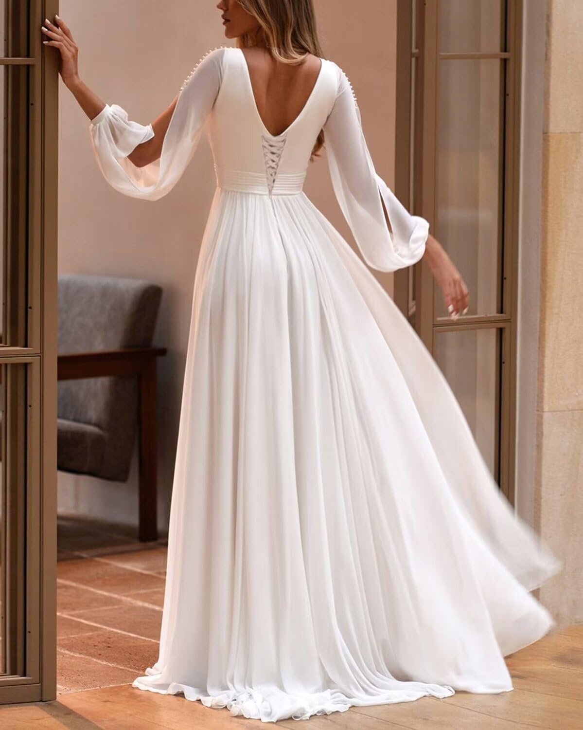Elegant Chiffon Wedding Dress for Women - Sexy V-Neck Long Sleeve Bridal Gown with Beading & Pleats | Perfect for Church Ceremony, Beach Wedding & Formal Reception
