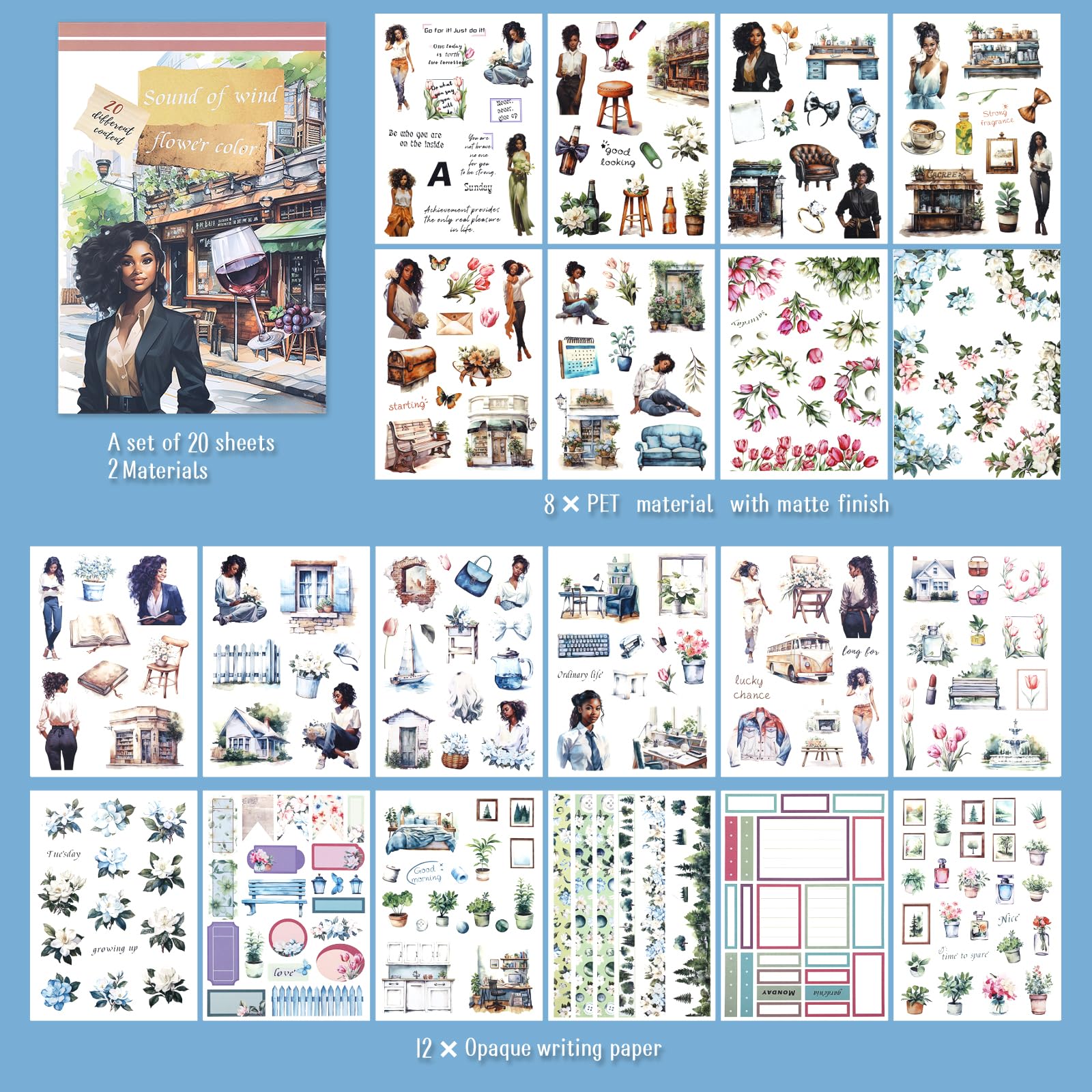 Pre-Cut Journaling Sticker Book - 20 Sheets, 270 PCS Fashion Planner Decals for Women, PET & Paper Scrapbook Stickers, Bullet Journal Supplies - Perfect for DIY Scrapbooking, Planner Decor, and Junk Journaling