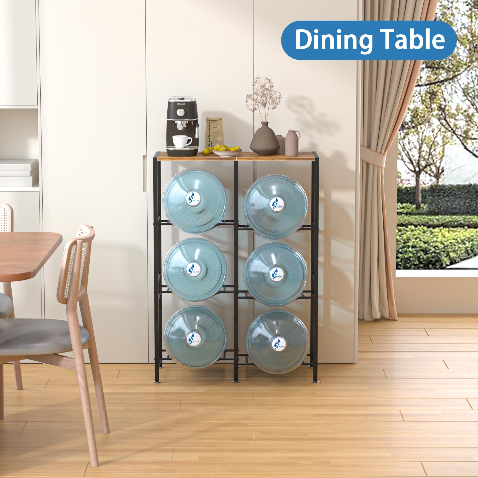 5 Gallon Water Jug Holder with Storage Rack - 3-Tier Water Dispenser Stand for Kitchen, Office, Living Room - Sturdy Brown Water Bottle Organizer for Home & Commercial Use
