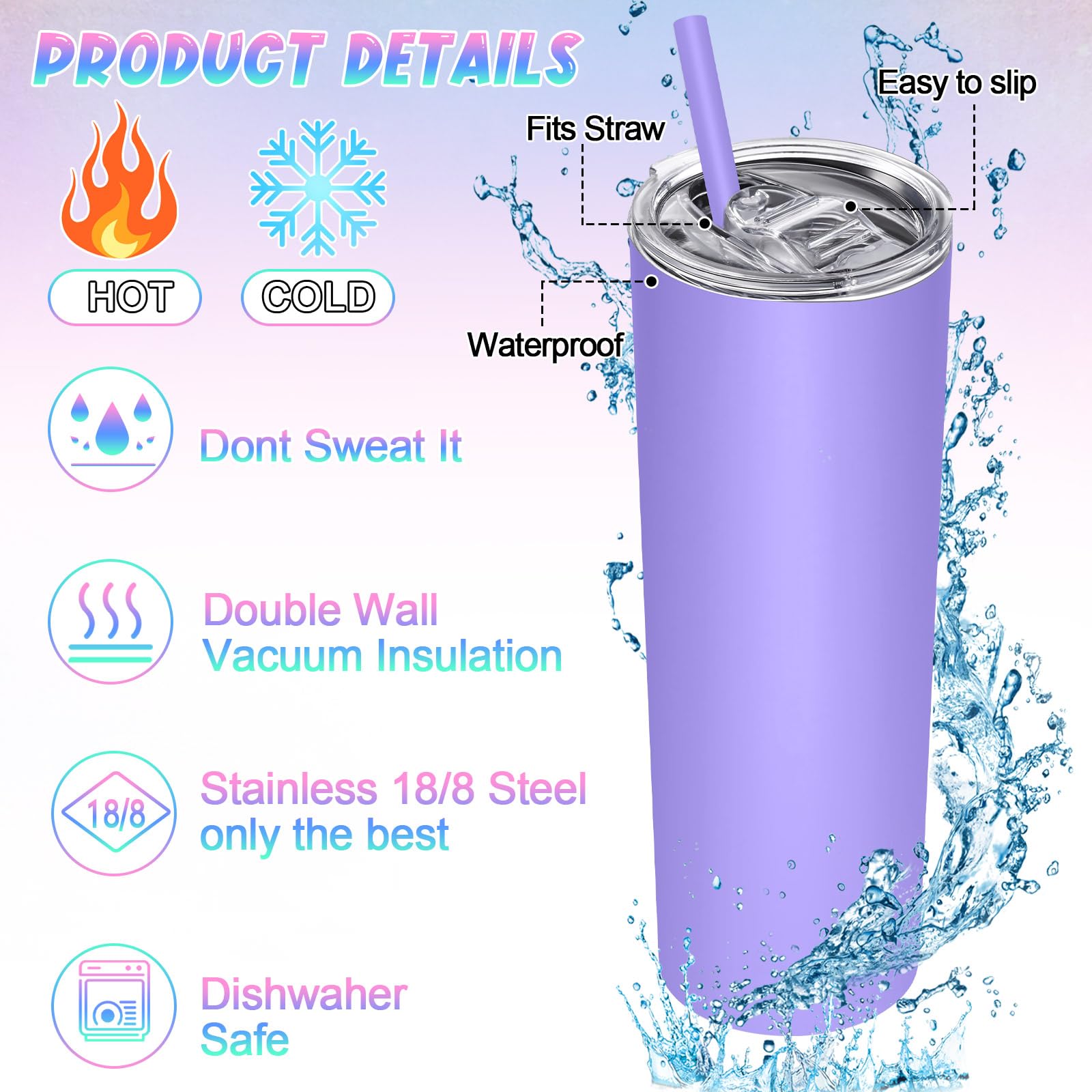 16 Pack 20 oz Skinny Stainless Steel Tumblers with Straws & Lids - Double Wall Vacuum Insulated Slim Travel Mug for Hot & Cold Drinks - 16 Solid Colors - Perfect for Coffee, Tea, Water & On-the-Go Use