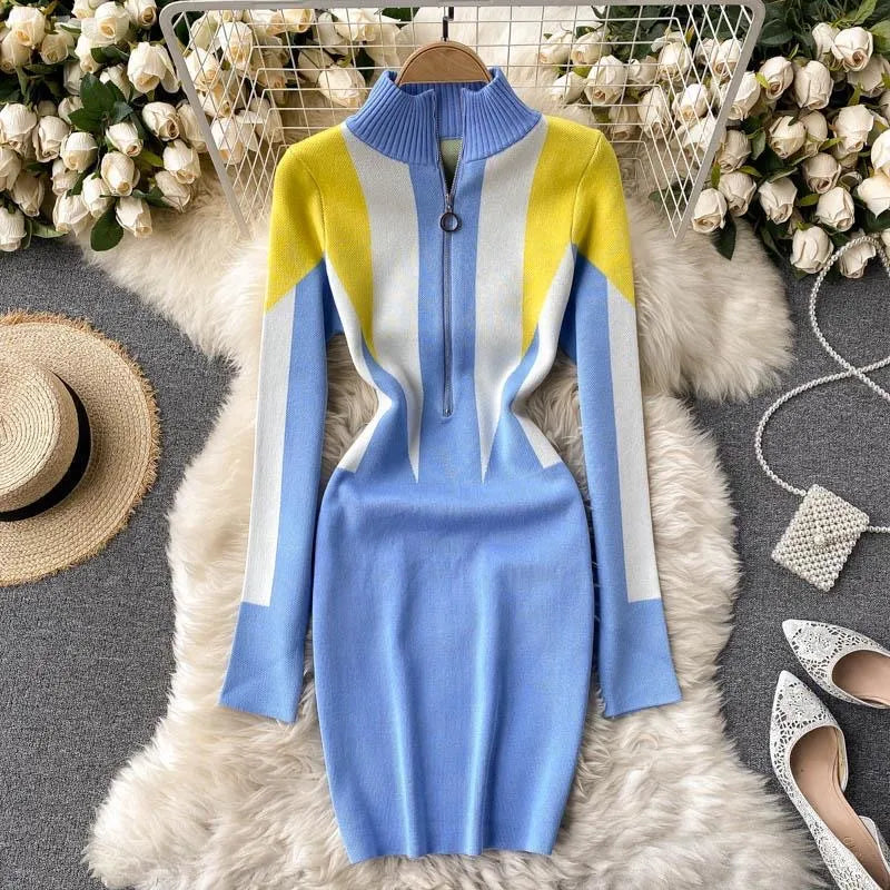 Women's Geometric Knit Bodycon Dress with Zipper Collar | Autumn Winter Fashion Streetwear | Perfect for Office Wear, Date Night & Holiday Parties