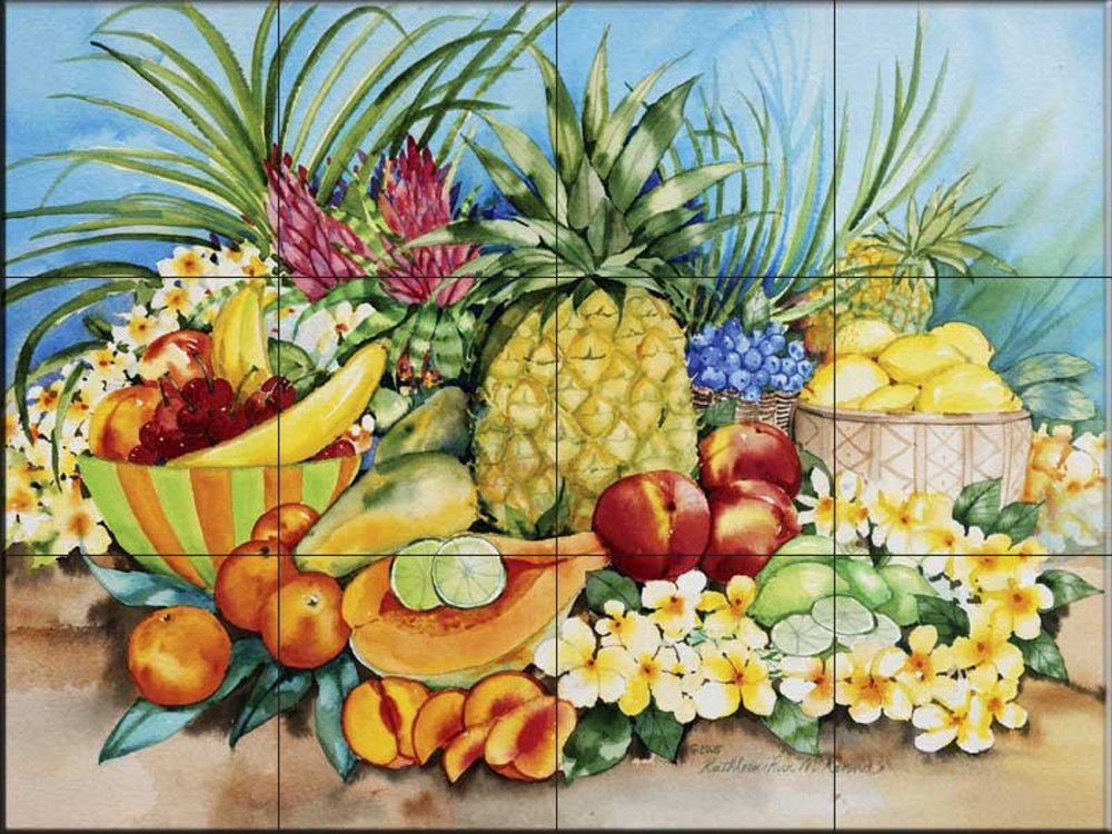 Ceramic Backsplash Tile Mural - Tropical Fruit Design by Kathleen Parr McKenna for Kitchen & Bathroom Decor | Waterproof Peel & Stick Wall Art for Home Renovation