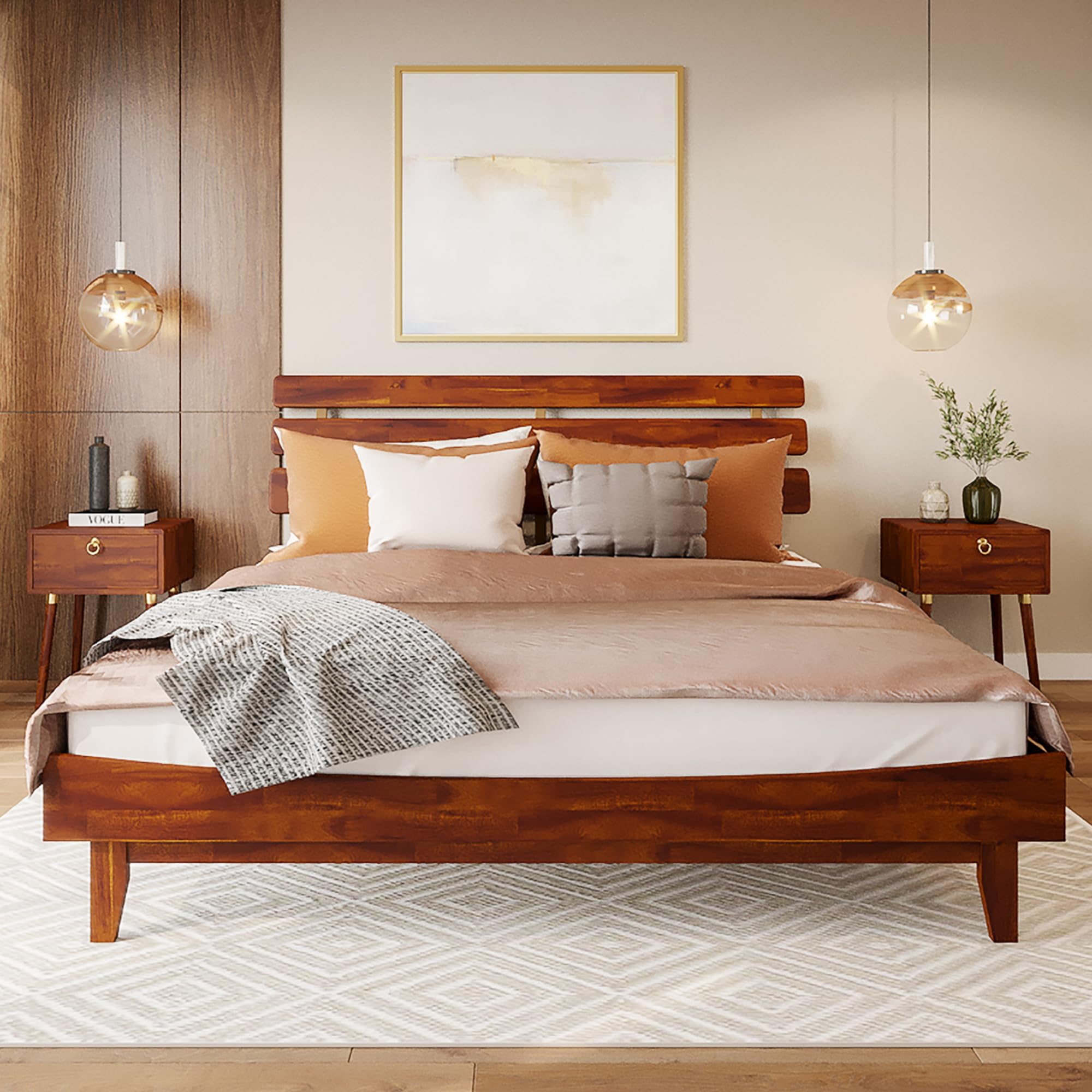 Bme Caden 15 Inch Deluxe Bed Frame with Adjustable Headboard - Mid Century Modern King Size Platform Bed - Solid Acacia Wood Construction - No Box Spring Needed - 12 Sturdy Wood Slats Support - Easy Assembly - Dark Chocolate Finish - Perfect for Master Bedroom, Guest Room & Modern Home Decor