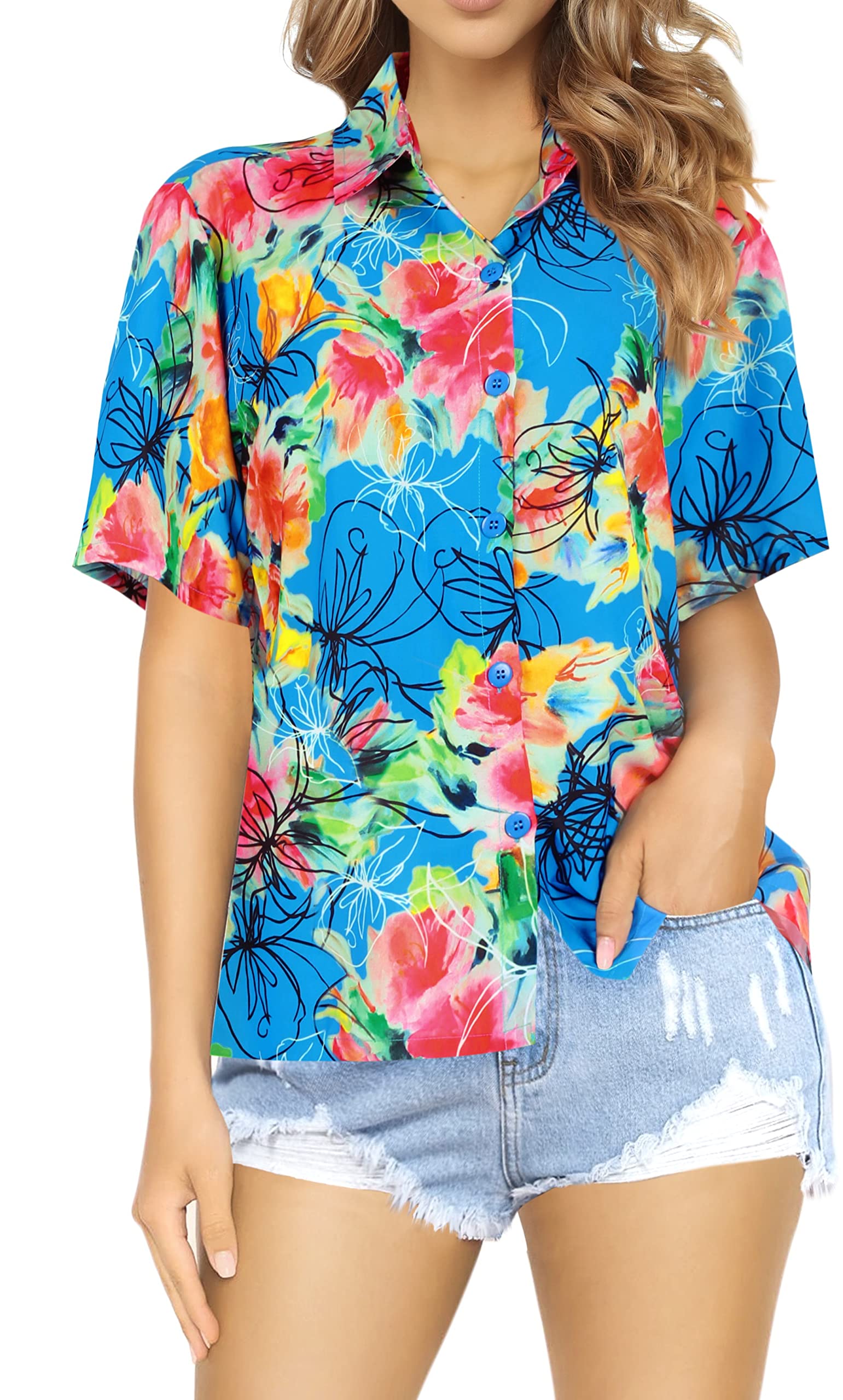LA LEELA Women's Short Sleeve Hawaiian Shirt - Floral Print Vacation Blouse for Beach, Summer & Casual Wear