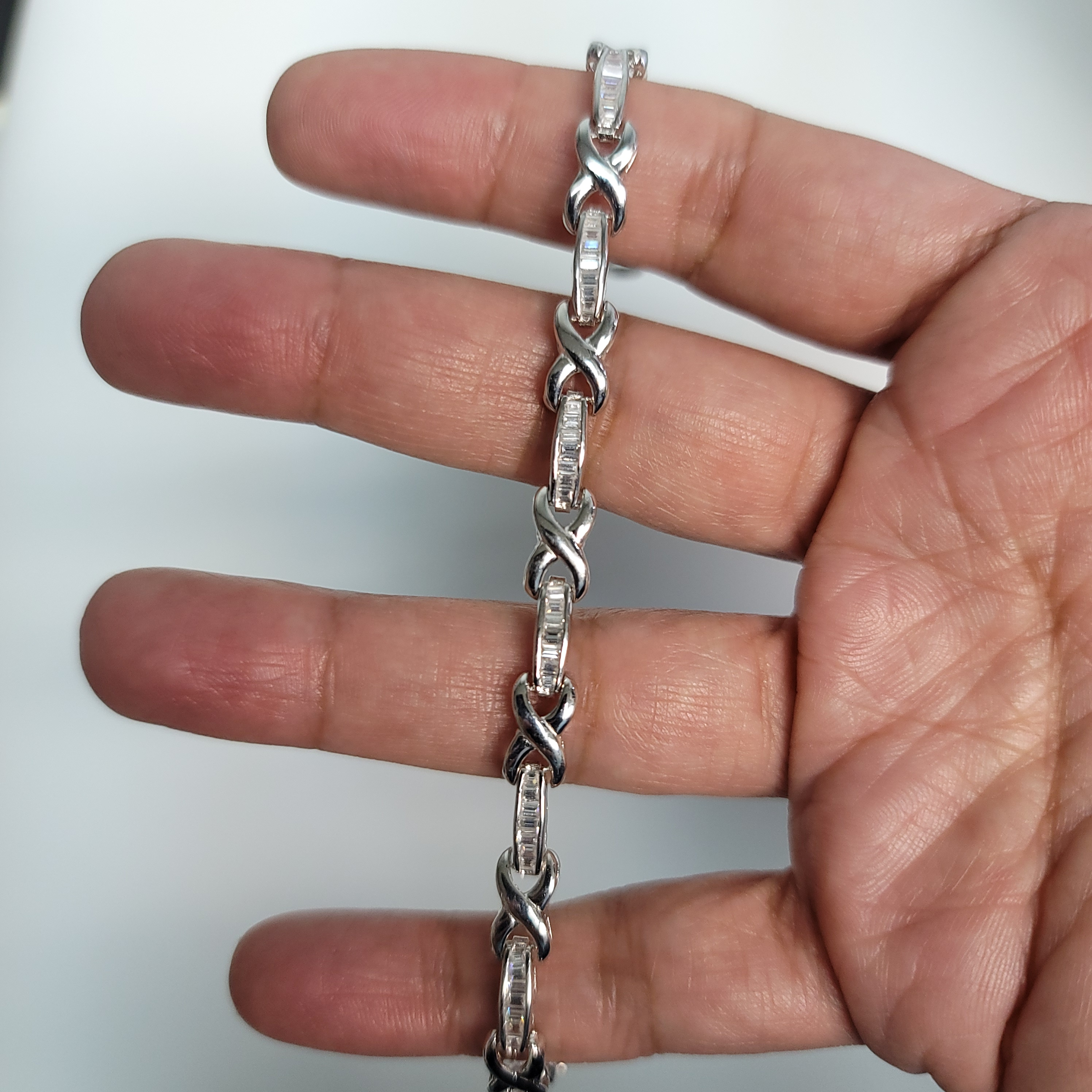 14k White Gold X-Linked Baguette Diamond Tennis Bracelet | Elegant Stackable Bracelet for Women, Perfect for Weddings, Anniversaries & Special Occasions
