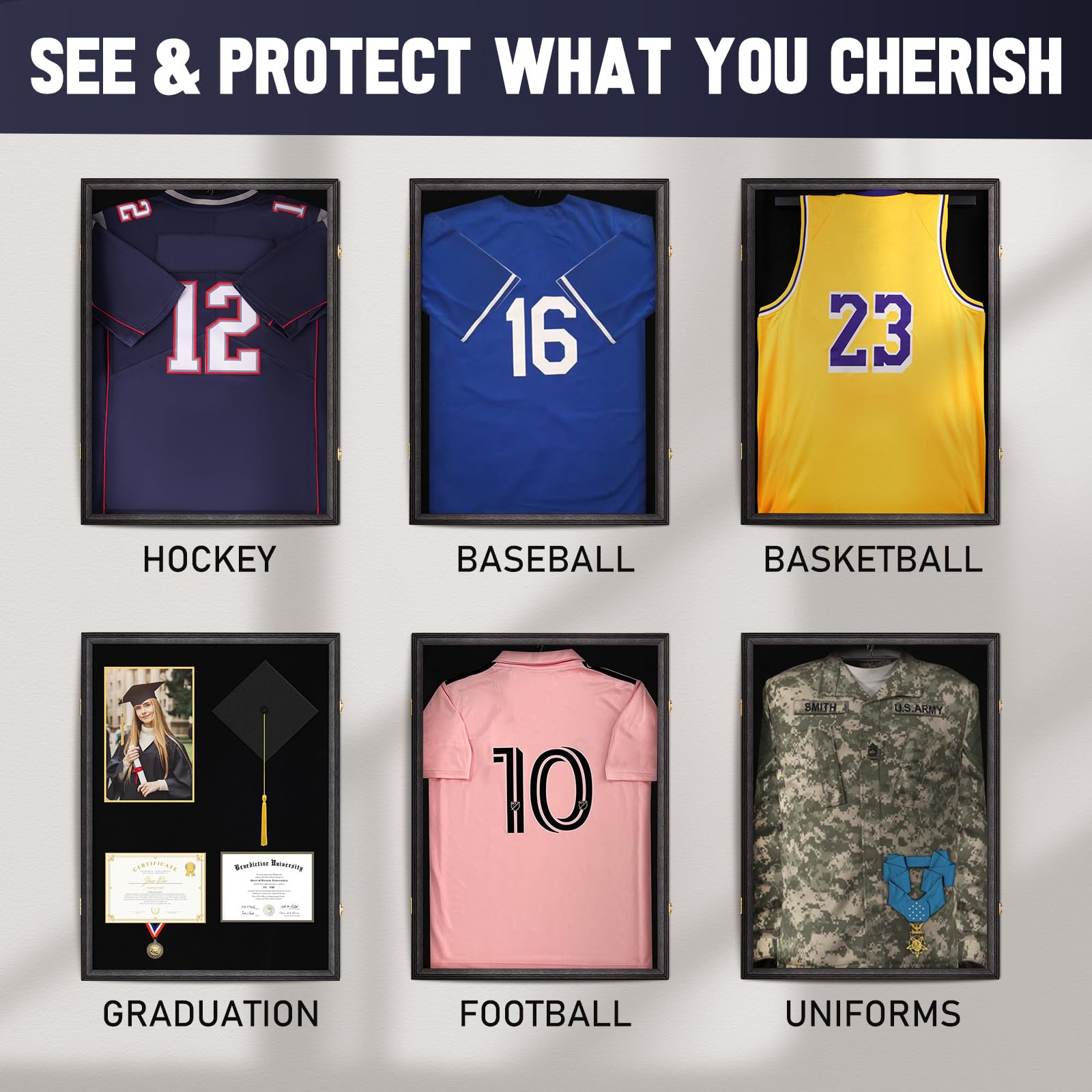 2 Pack Large Jersey Frame Display Case with Lockable UV Protection Acrylic - Baseball Football Soccer Hockey Basketball Jersey Shadow Box for Sports Shirts & Uniforms (Includes 2 Hangers, Black) - Perfect for Memorabilia Display in Home, Office or Man Cave