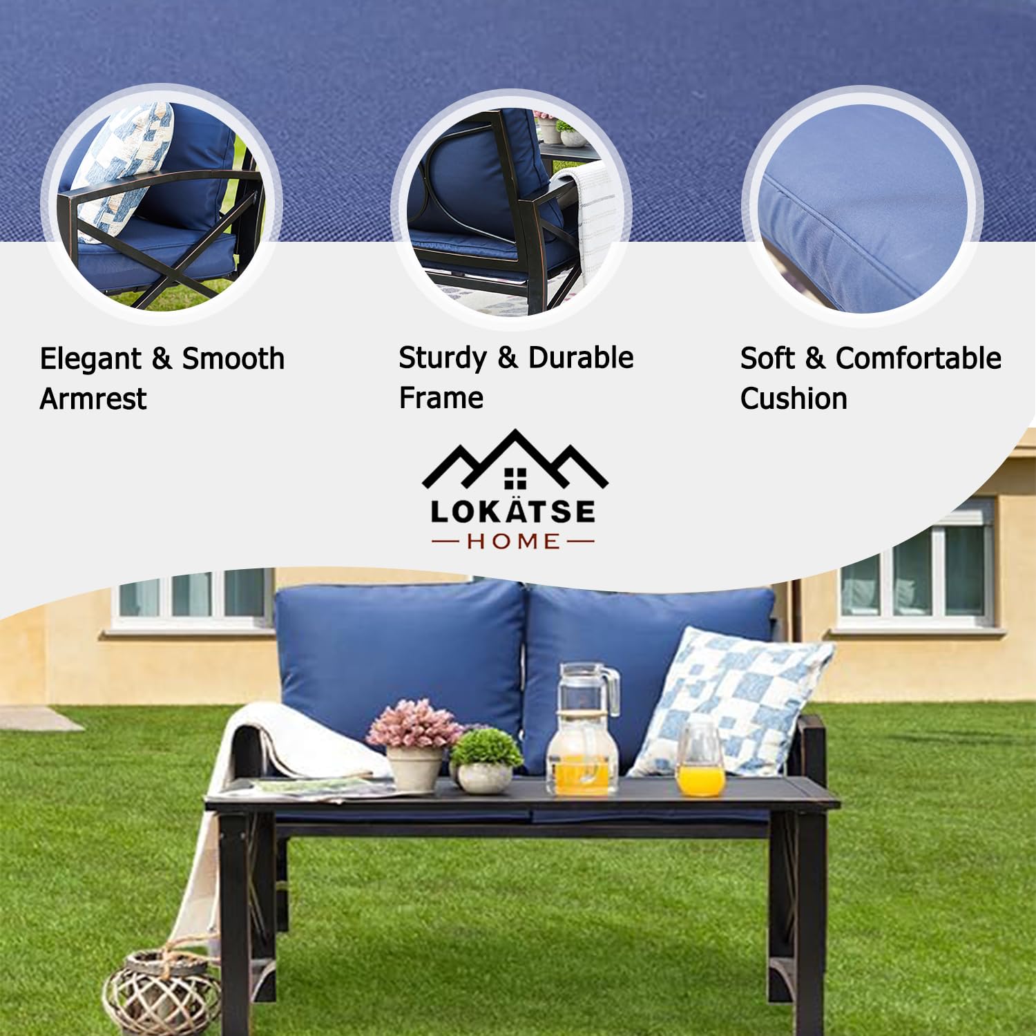 LOKATSE HOME 2-Piece Outdoor Loveseat Set with Cushions & Coffee Table - Durable Metal Patio Conversation Furniture in Blue - Perfect for Garden, Backyard, Poolside or Balcony Relaxation